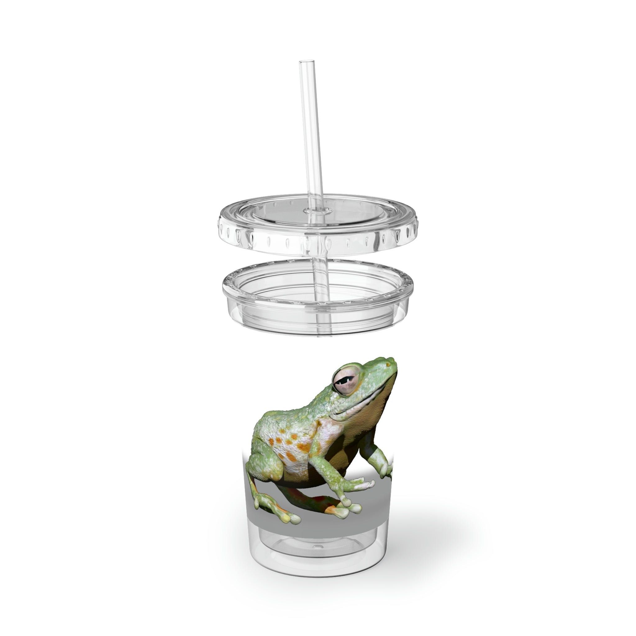 Frog Suave Acrylic Cup with double-wall insulation, featuring a plastic lid and straw, showcasing vibrant customizable artwork.