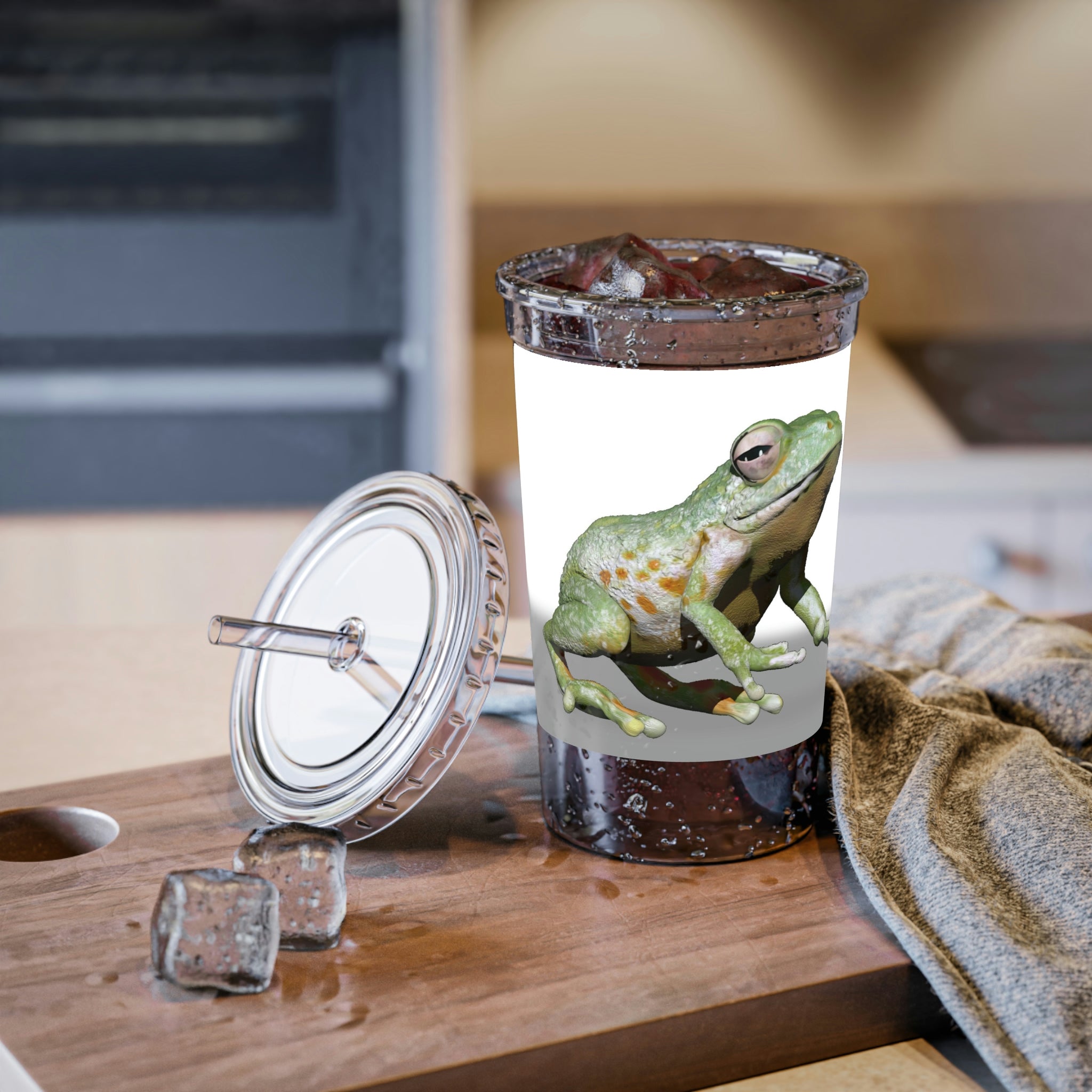 Frog Suave Acrylic Cup with double-wall insulation, featuring a plastic lid and straw, showcasing vibrant customizable artwork.