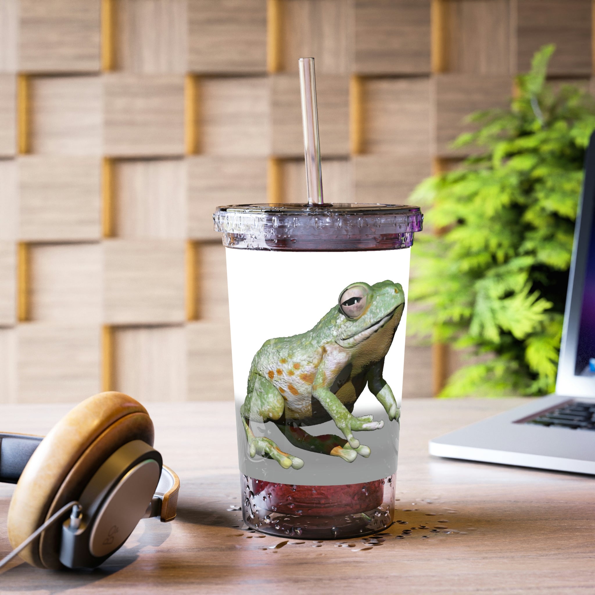 Frog Suave Acrylic Cup with double-wall insulation, featuring a plastic lid and straw, showcasing vibrant customizable artwork.