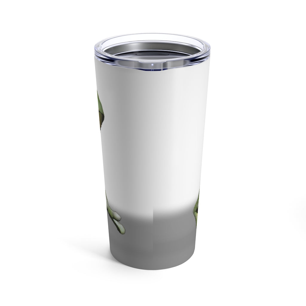 Frog Tumbler 20oz in stainless steel with a see-thru plastic lid, showcasing its sleek design and rounded corners.