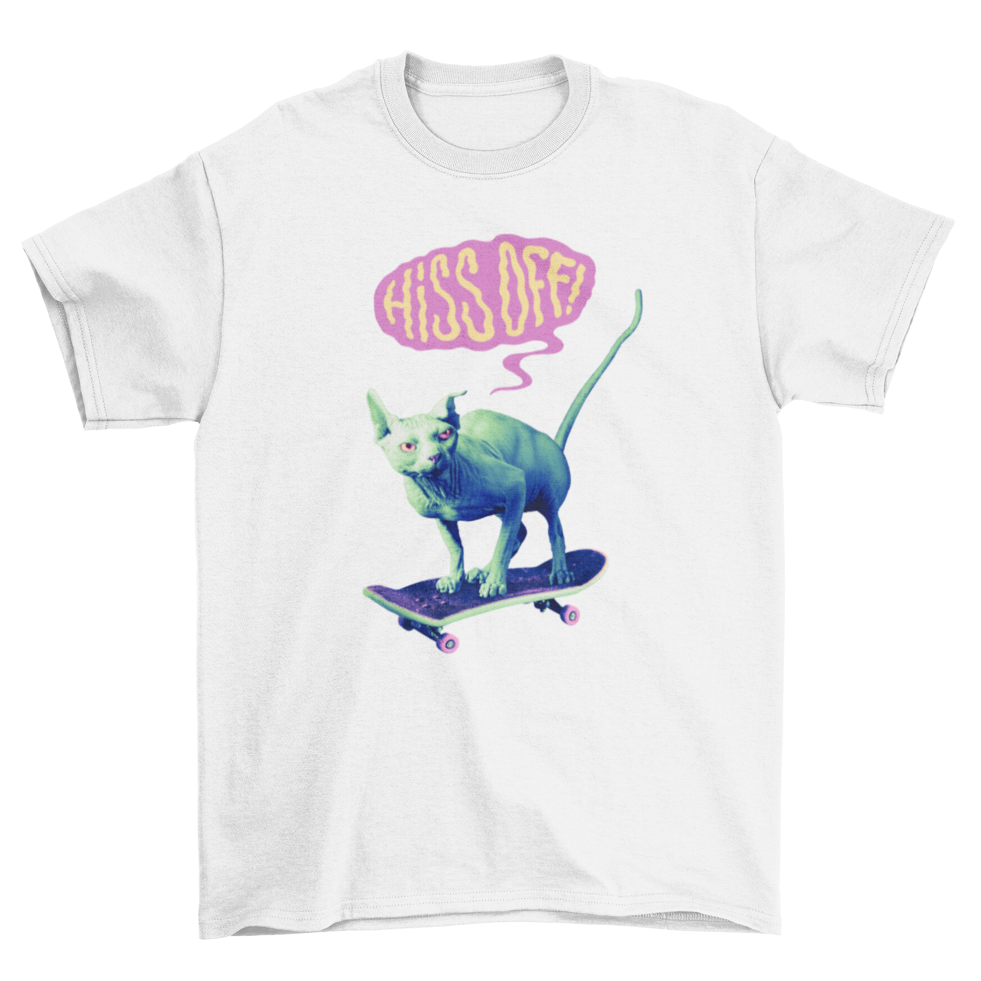 A playful Egyptian cat riding a skateboard with the quote 'Hiss off' on a fun t-shirt design.