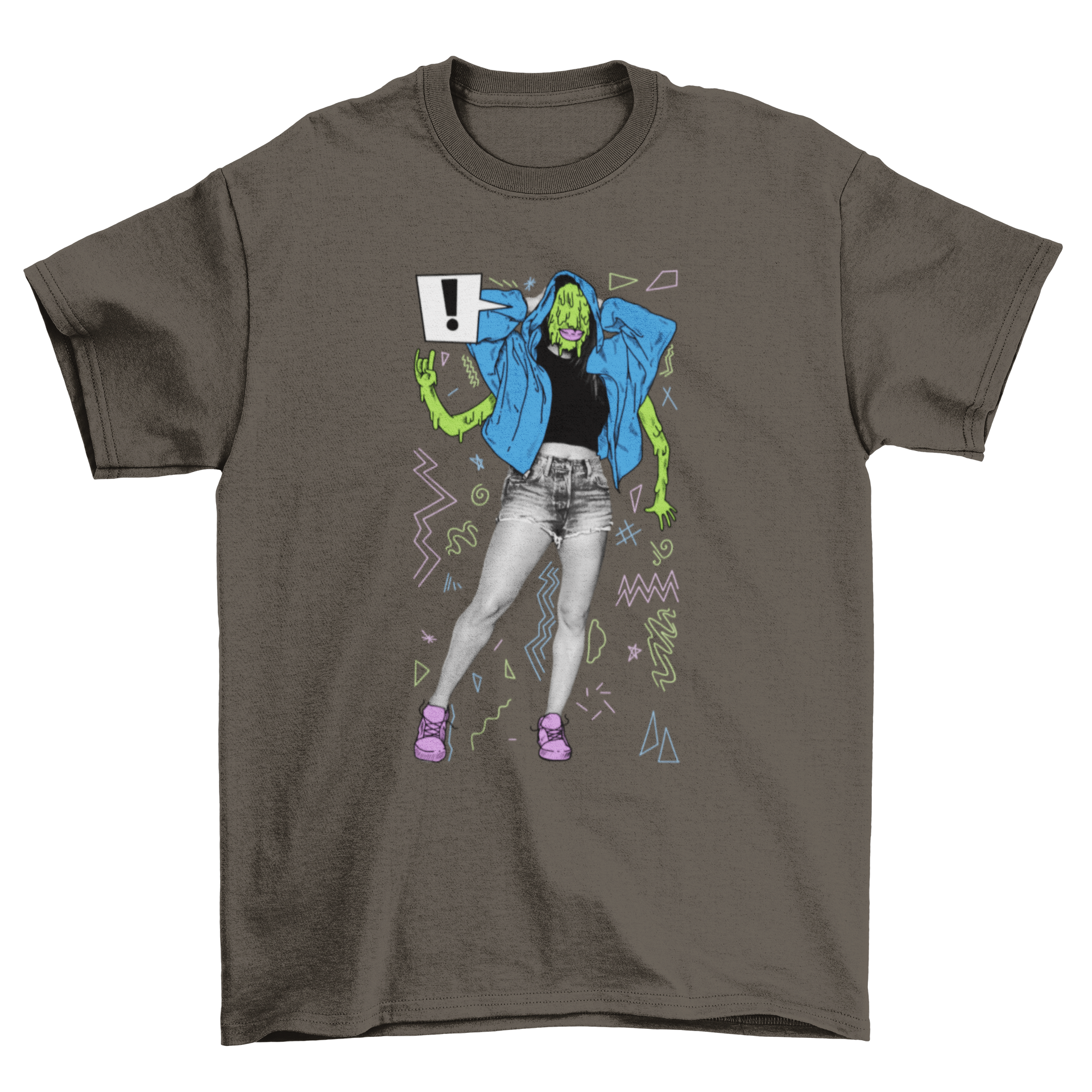 A fun t-shirt featuring a gooey green monster design over a black and white photograph of a person, showcasing a unique and playful style.