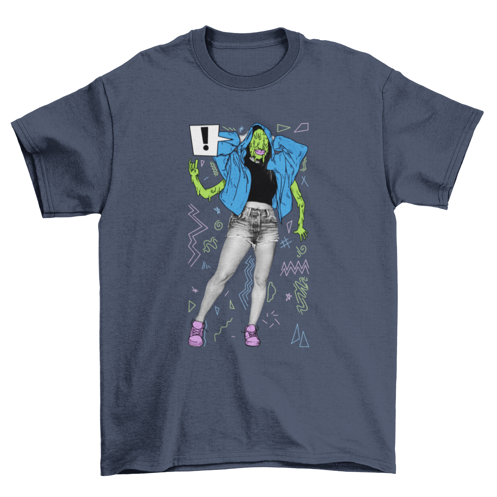 A fun t-shirt featuring a gooey green monster design over a black and white photograph of a person, showcasing a unique and playful style.