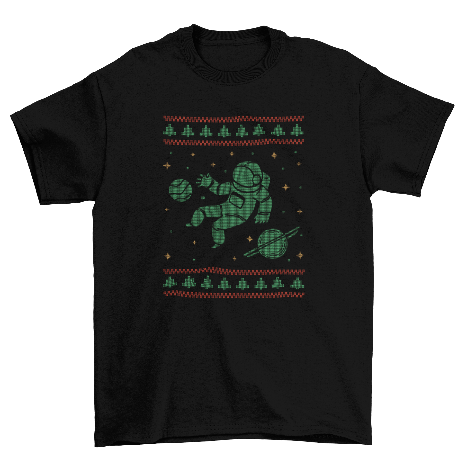 A colorful ugly sweater featuring an astronaut design in space, perfect for holiday celebrations.