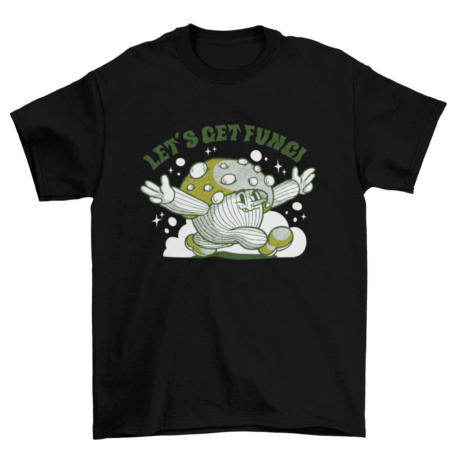A playful cartoon mushroom character on a t-shirt with the quote 'Let's get fungi', showcasing a fun and humorous design.