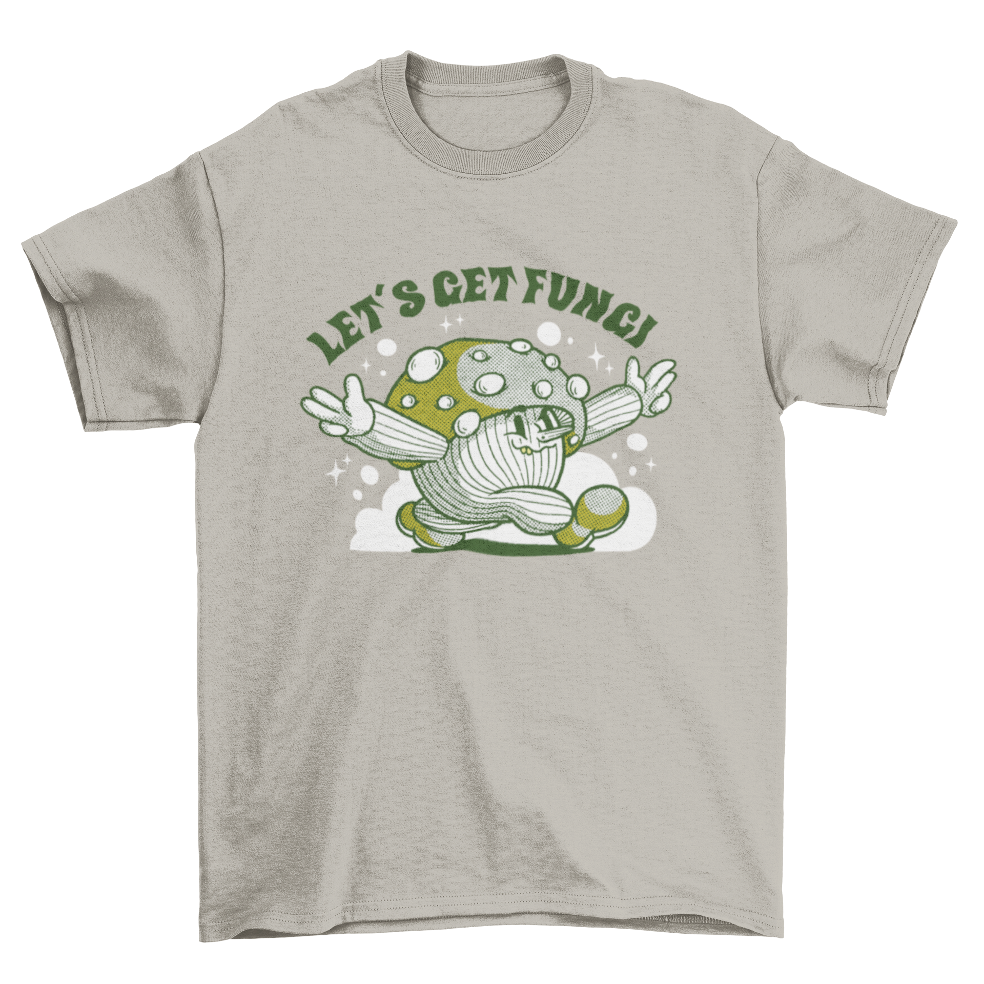 A playful cartoon mushroom character on a t-shirt with the quote 'Let's get fungi', showcasing a fun and humorous design.