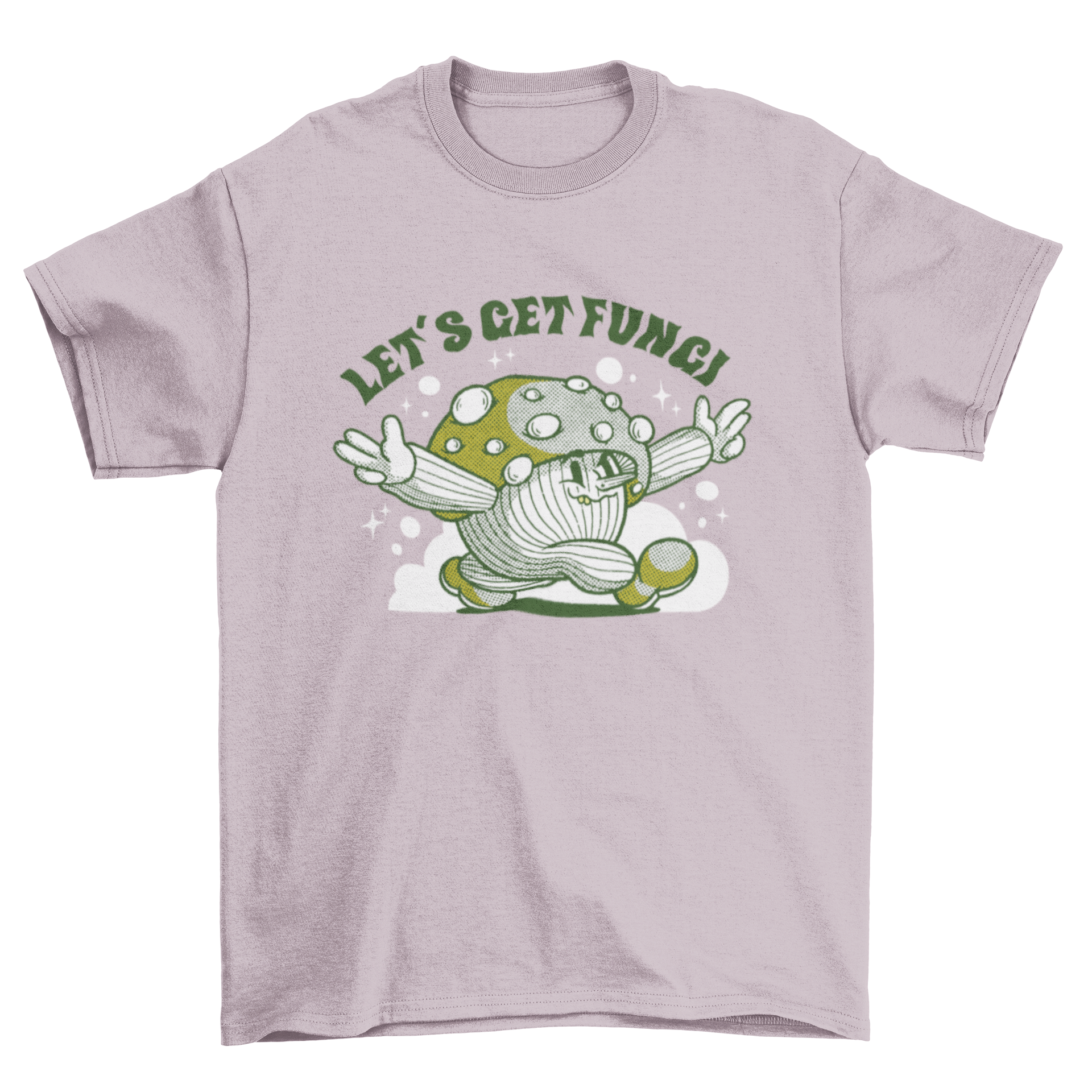 A playful cartoon mushroom character on a t-shirt with the quote 'Let's get fungi', showcasing a fun and humorous design.