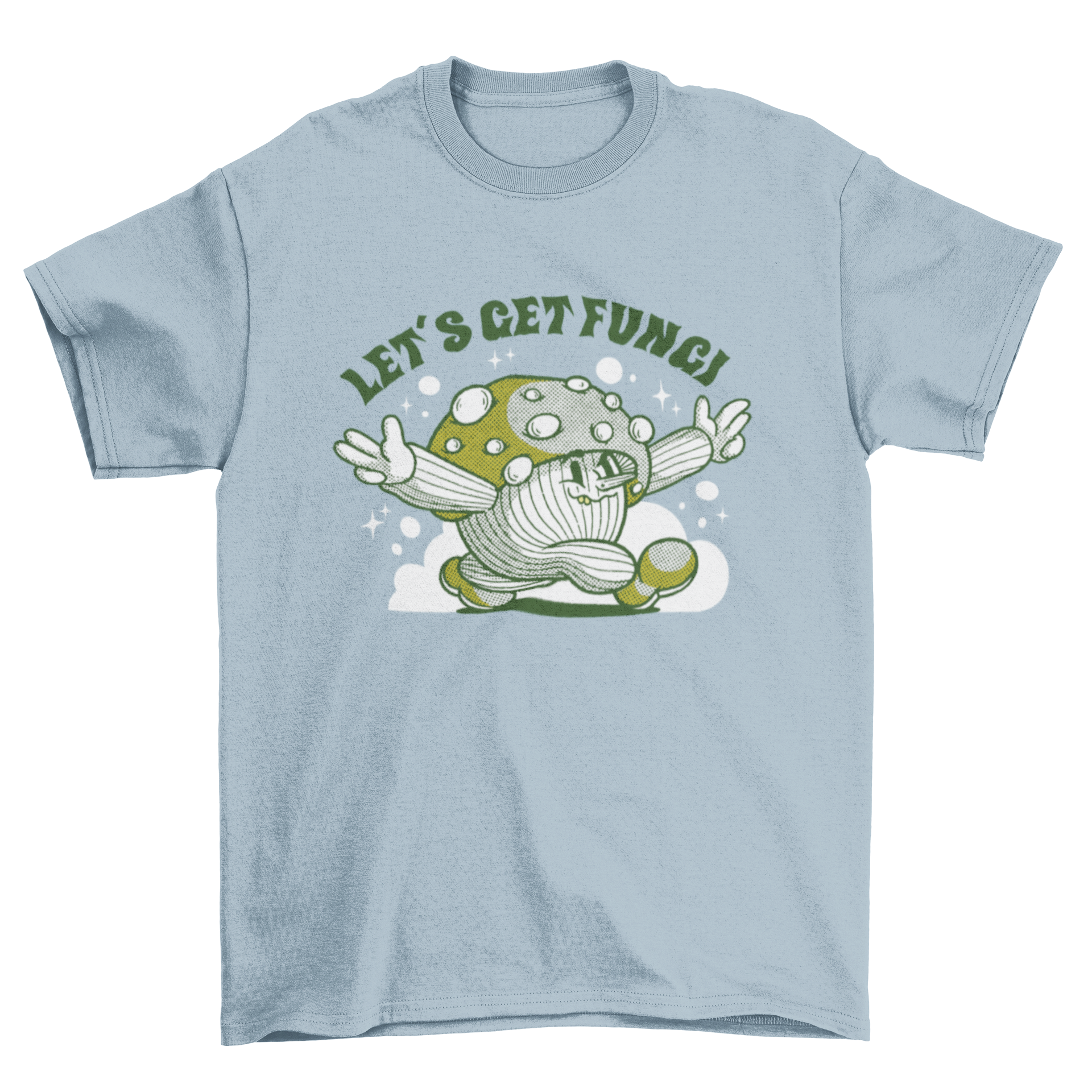 A playful cartoon mushroom character on a t-shirt with the quote 'Let's get fungi', showcasing a fun and humorous design.