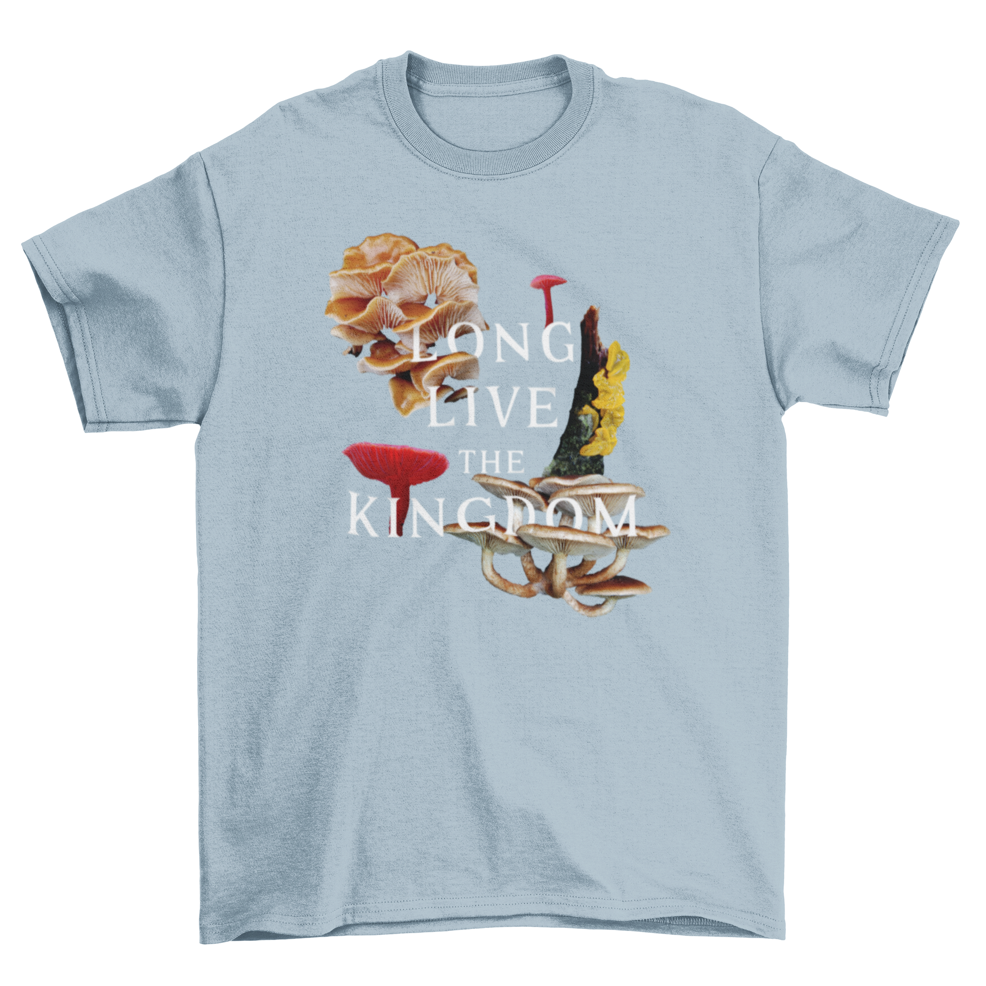 A stylish Fungi Mushroom T-shirt featuring a colorful collage of mushrooms and the quote 'Long live the kingdom'.