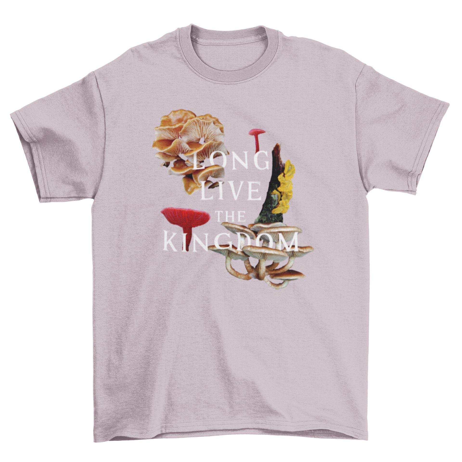 A stylish Fungi Mushroom T-shirt featuring a colorful collage of mushrooms and the quote 'Long live the kingdom'.