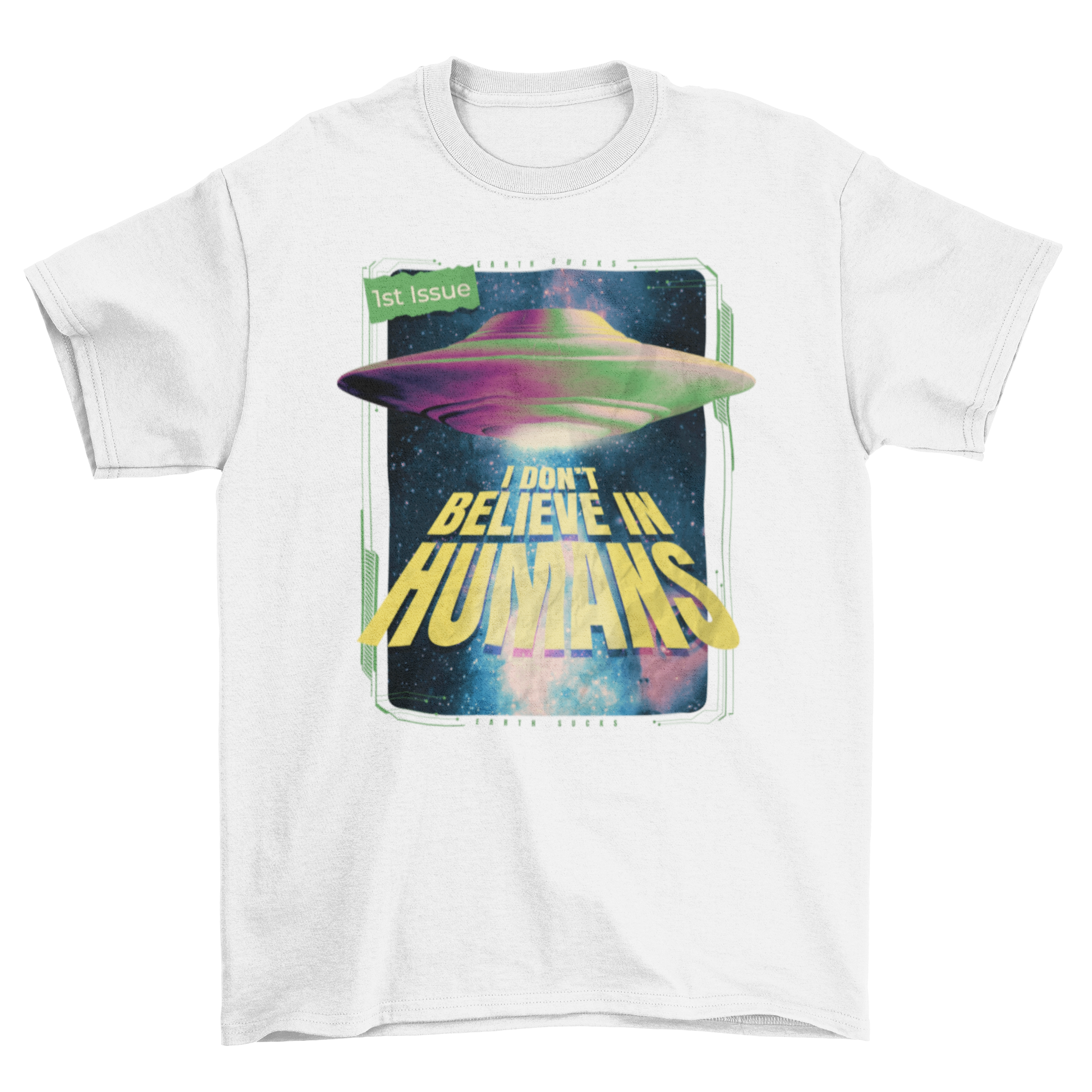 Funny Alien PSD T-shirt featuring a UFO and humorous quote in vibrant colors.