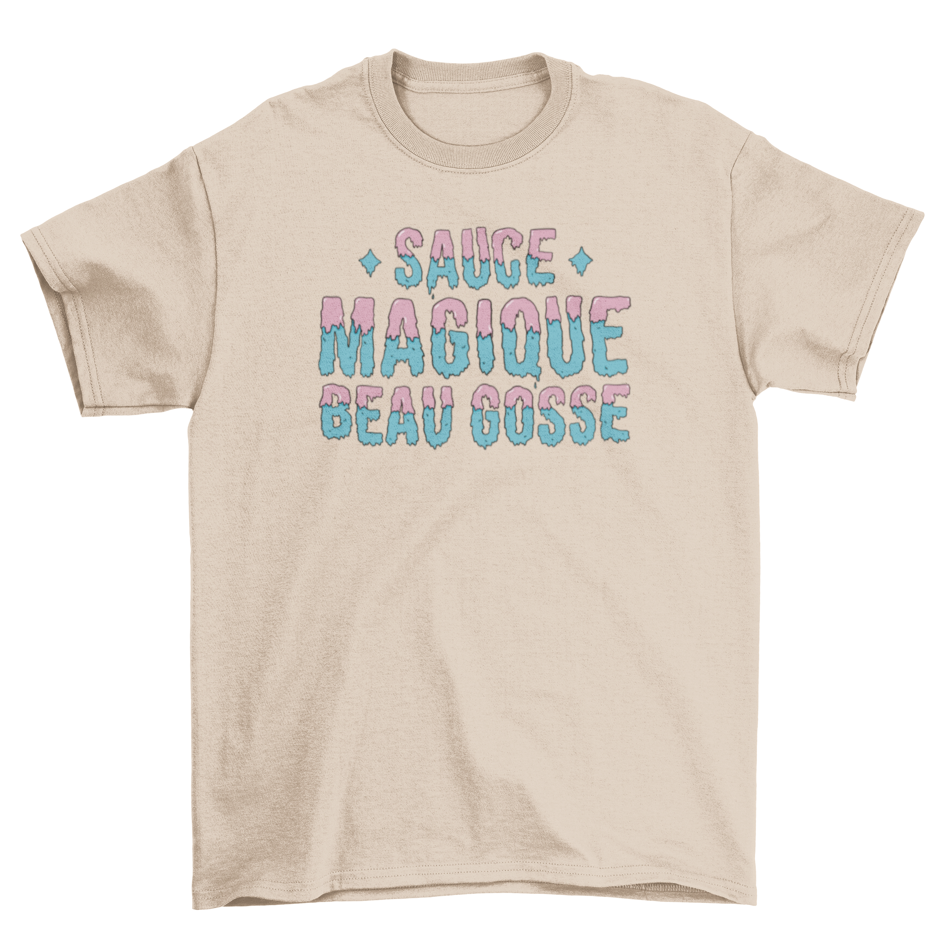 A stylish t-shirt featuring a humorous French quote 'Hunk Magic Sauce' in vibrant colors.