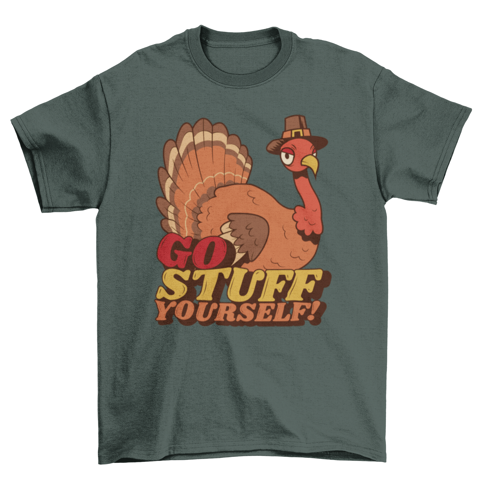 A humorous anti-thanksgiving t-shirt featuring a colorful turkey and the quote 'Go stuff yourself!' designed for holiday humor.