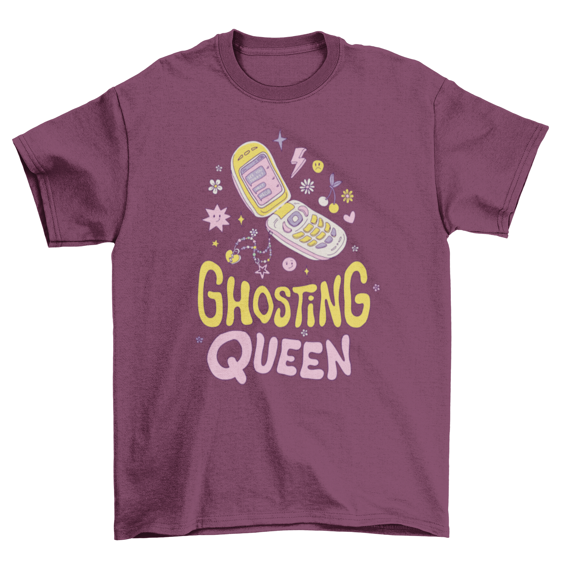 Funny anti-Valentine's ghosting t-shirt featuring an old cell phone and the quote 'Ghosting queen' in bold letters.