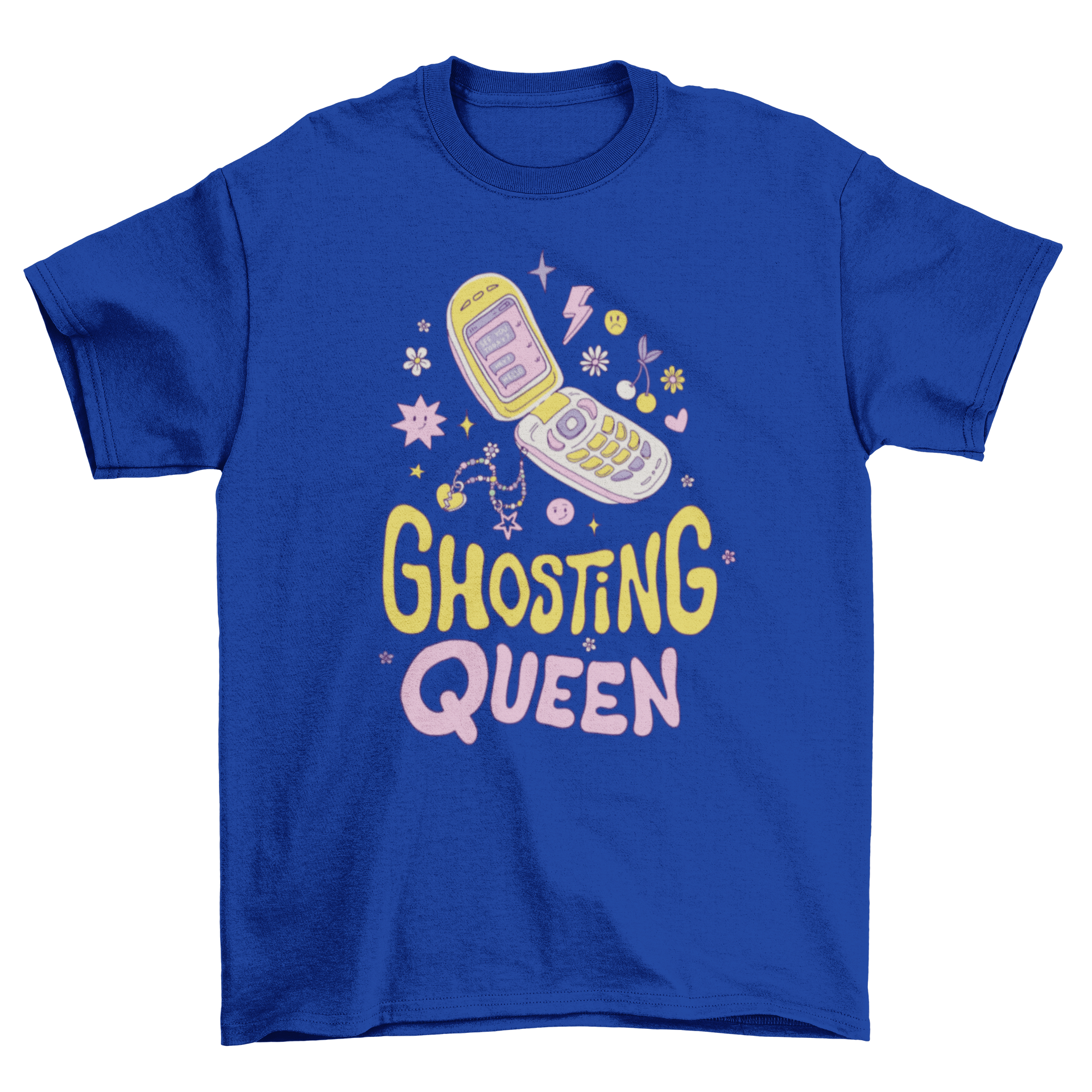 Funny anti-Valentine's ghosting t-shirt featuring an old cell phone and the quote 'Ghosting queen' in bold letters.