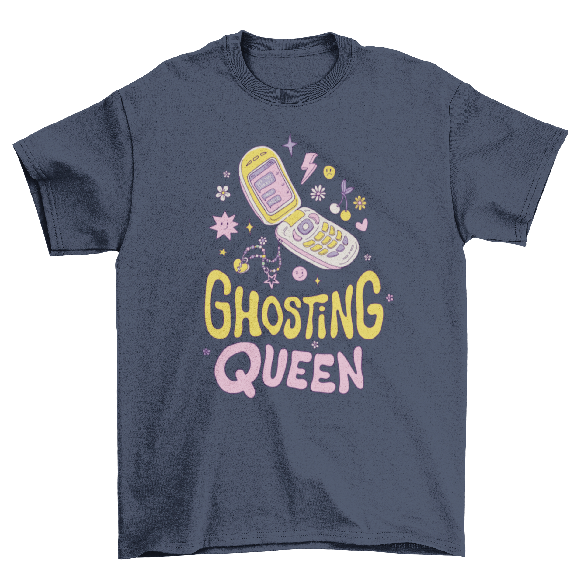 Funny anti-Valentine's ghosting t-shirt featuring an old cell phone and the quote 'Ghosting queen' in bold letters.
