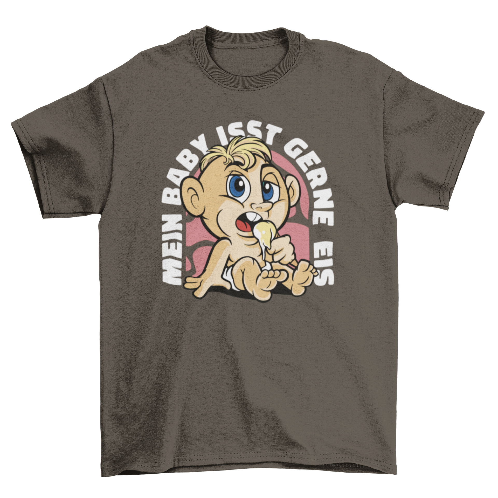 Funny baby t-shirt featuring a comic baby eating ice cream with a German quote.