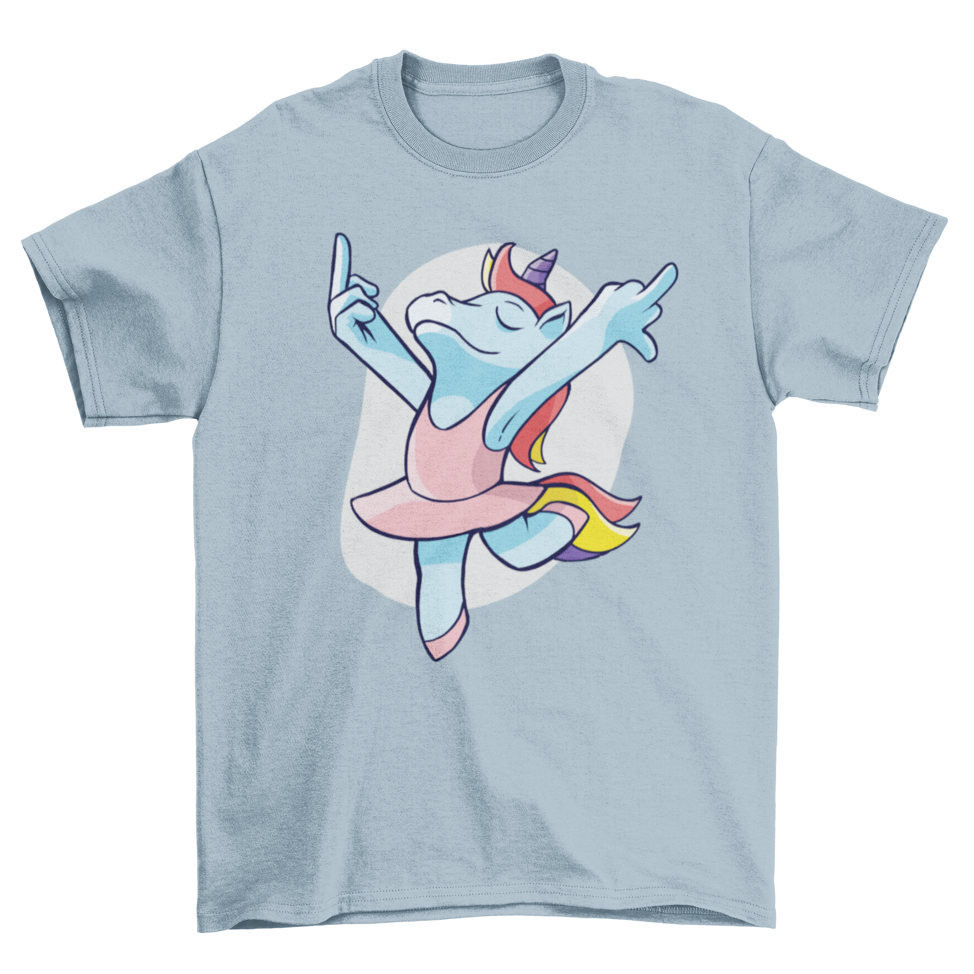 A humorous t-shirt featuring a unicorn performing ballet while flipping off, showcasing a playful design.