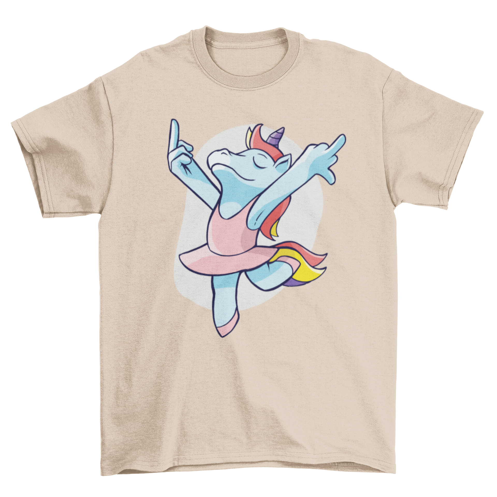 A humorous t-shirt featuring a unicorn performing ballet while flipping off, showcasing a playful design.