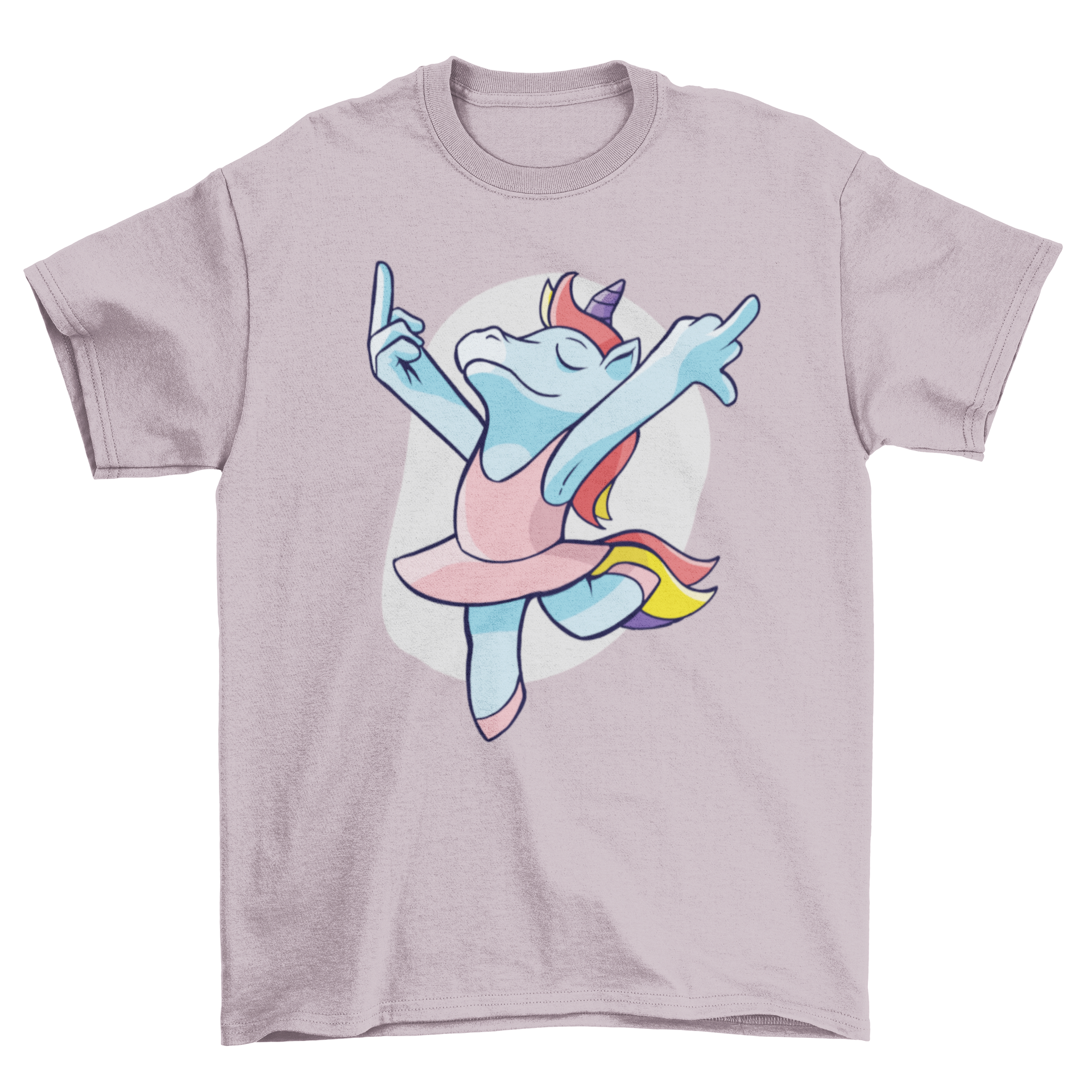 A humorous t-shirt featuring a unicorn performing ballet while flipping off, showcasing a playful design.