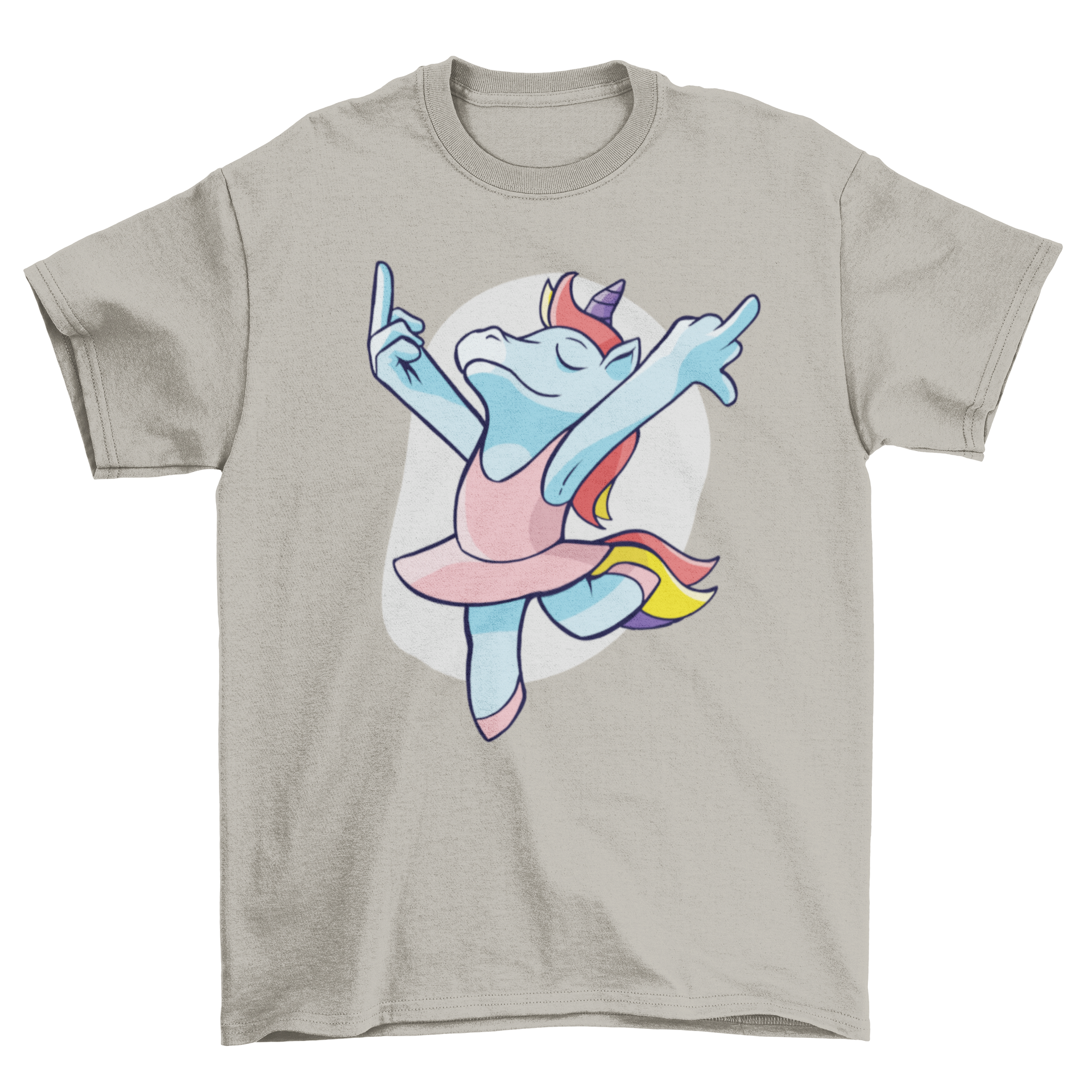A humorous t-shirt featuring a unicorn performing ballet while flipping off, showcasing a playful design.