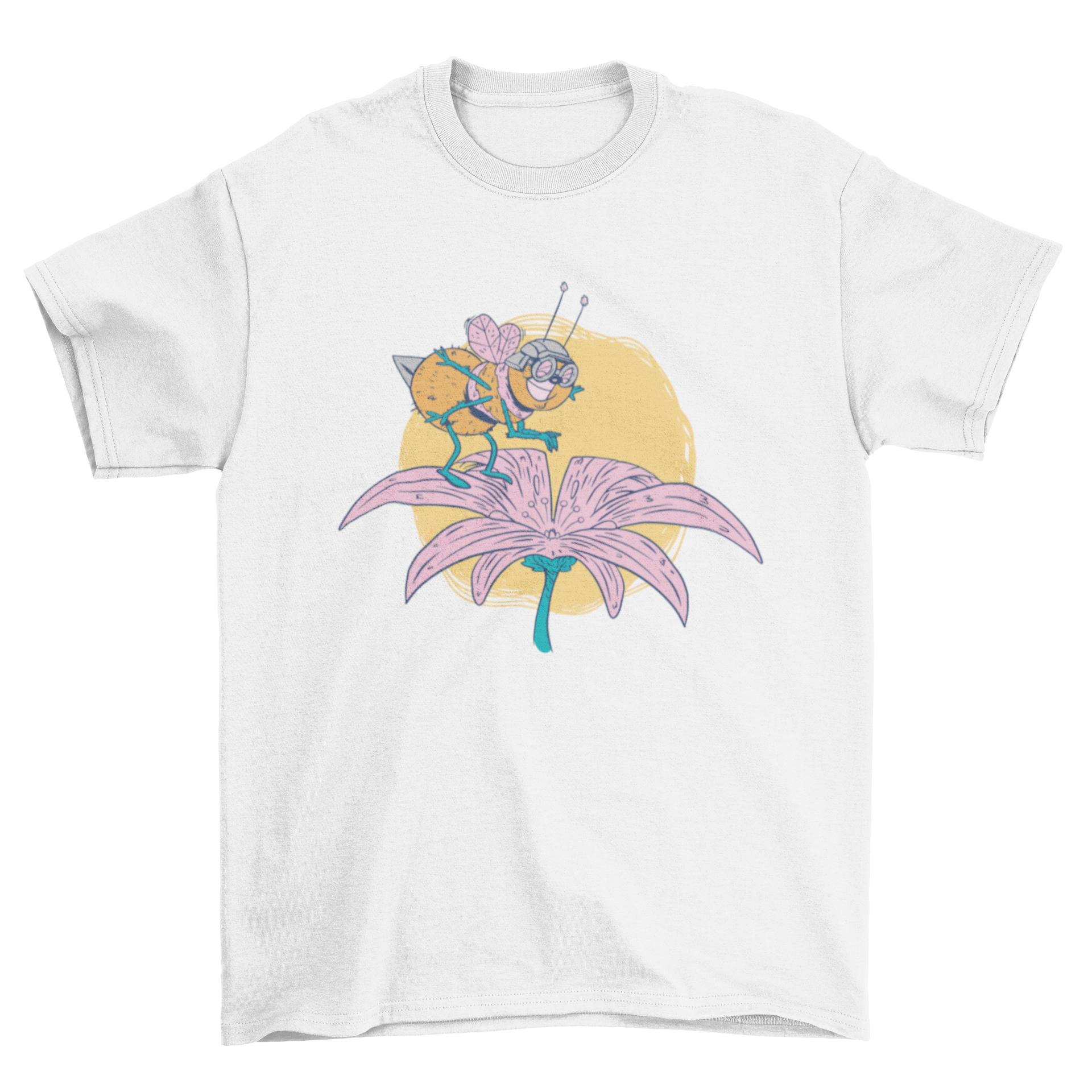 A colorful t-shirt featuring a cartoon bee jumping on a flower, showcasing a fun and playful design.
