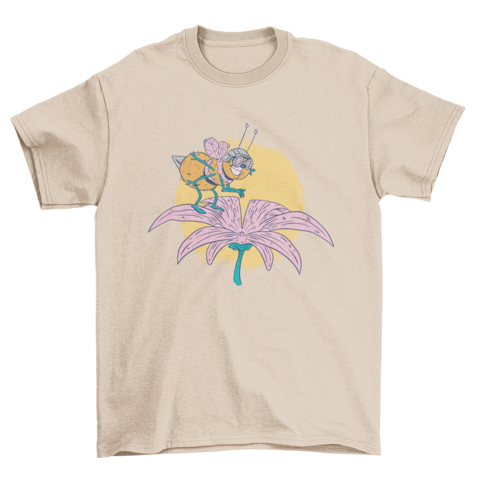 A colorful t-shirt featuring a cartoon bee jumping on a flower, showcasing a fun and playful design.