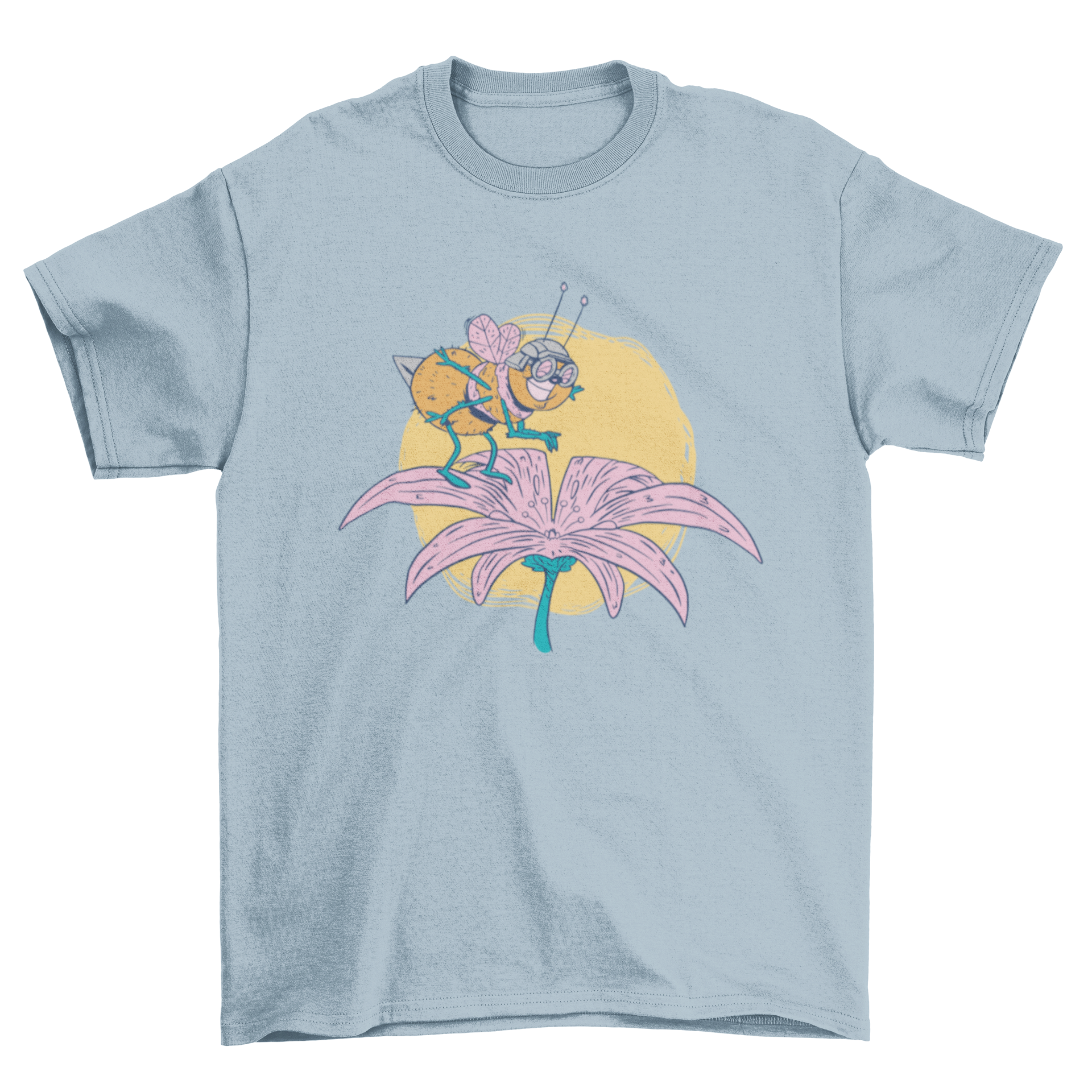 A colorful t-shirt featuring a cartoon bee jumping on a flower, showcasing a fun and playful design.