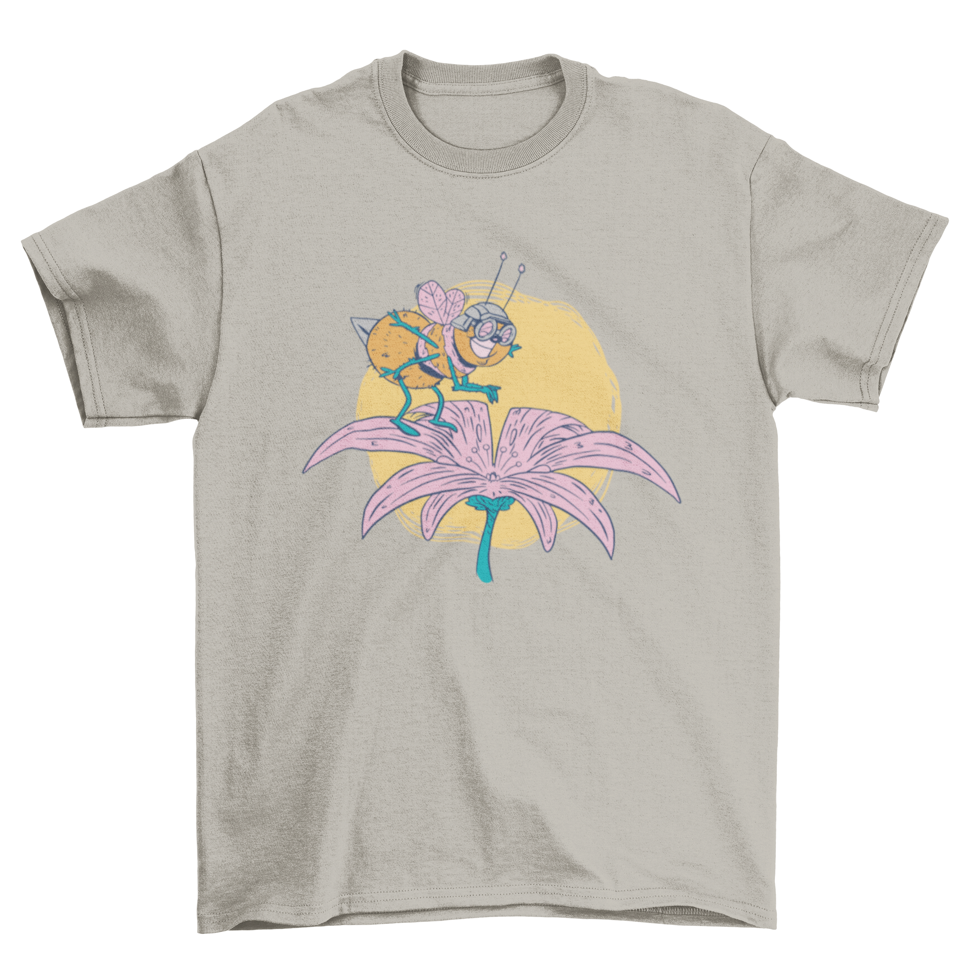A colorful t-shirt featuring a cartoon bee jumping on a flower, showcasing a fun and playful design.