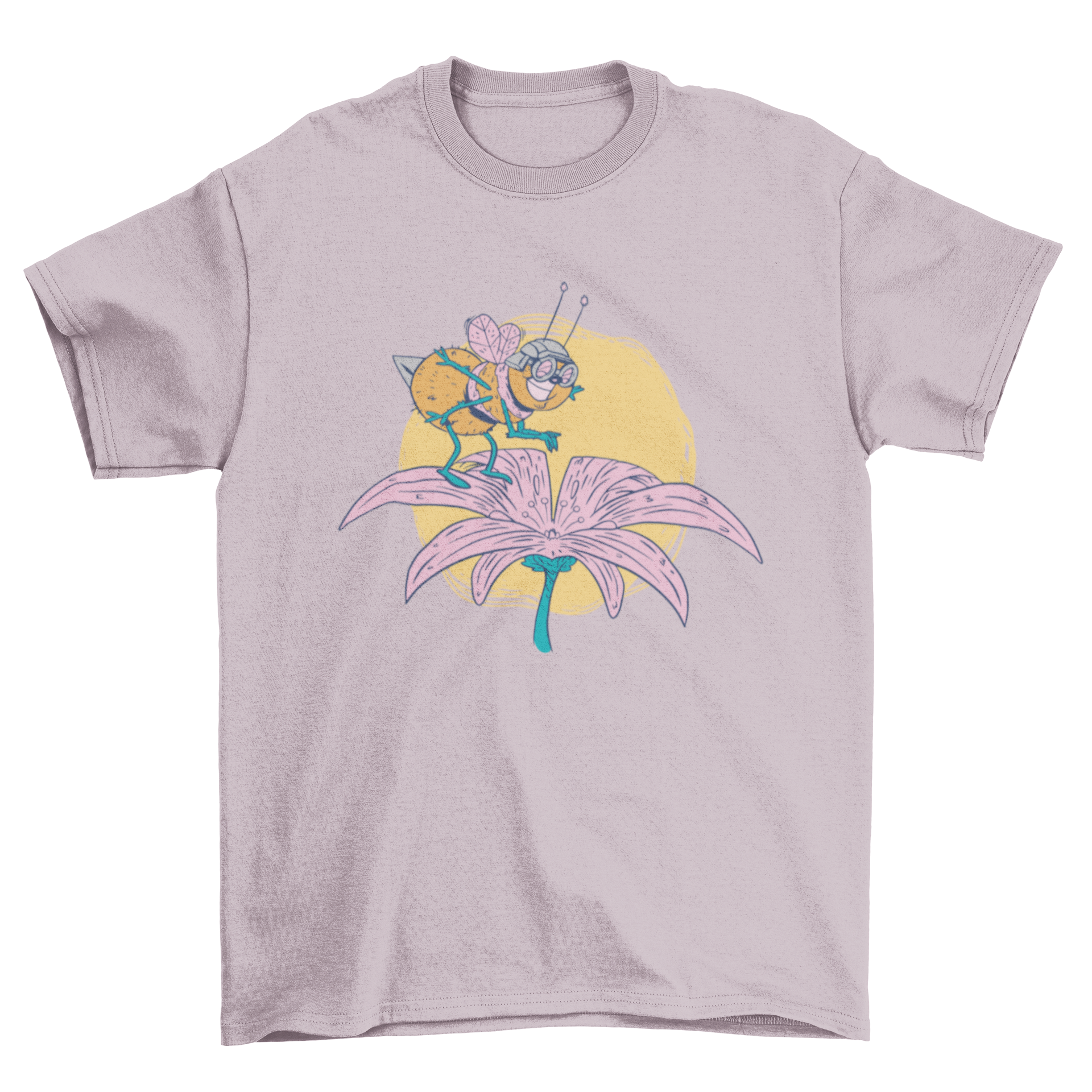 A colorful t-shirt featuring a cartoon bee jumping on a flower, showcasing a fun and playful design.