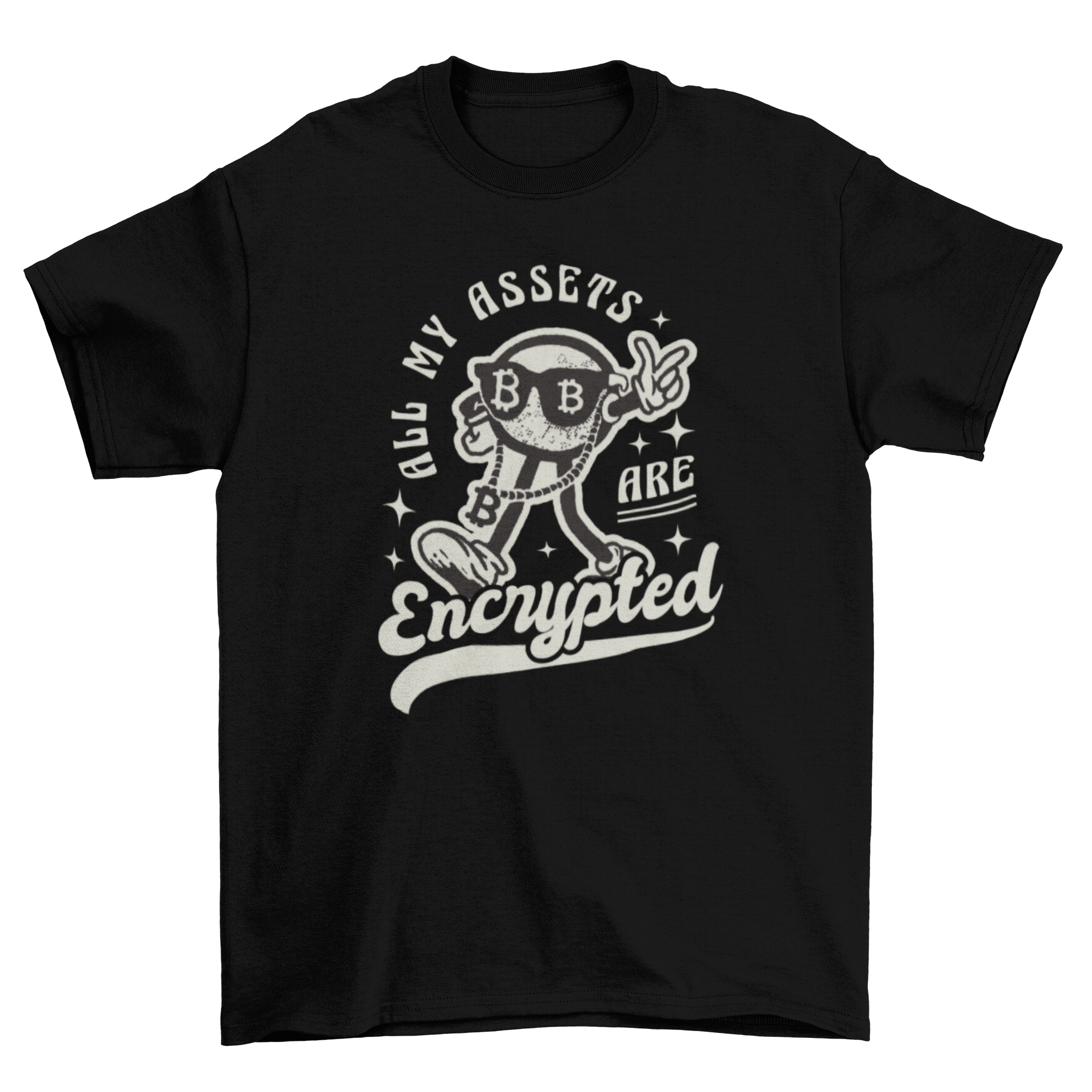 Funny Bitcoin t-shirt featuring a cartoon bitcoin and the quote 'All my assets are encrypted'.
