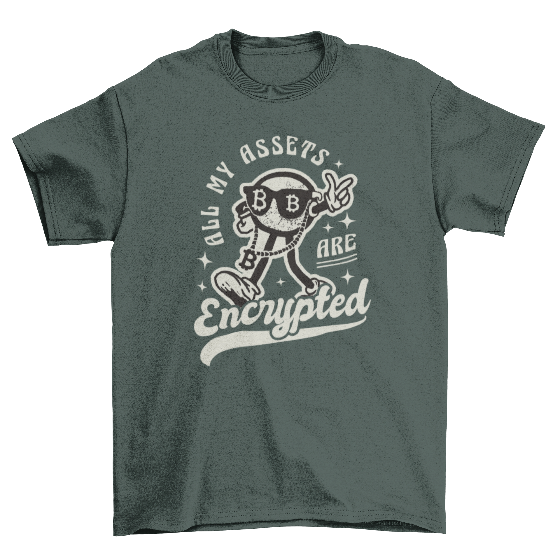 Funny Bitcoin t-shirt featuring a cartoon bitcoin and the quote 'All my assets are encrypted'.