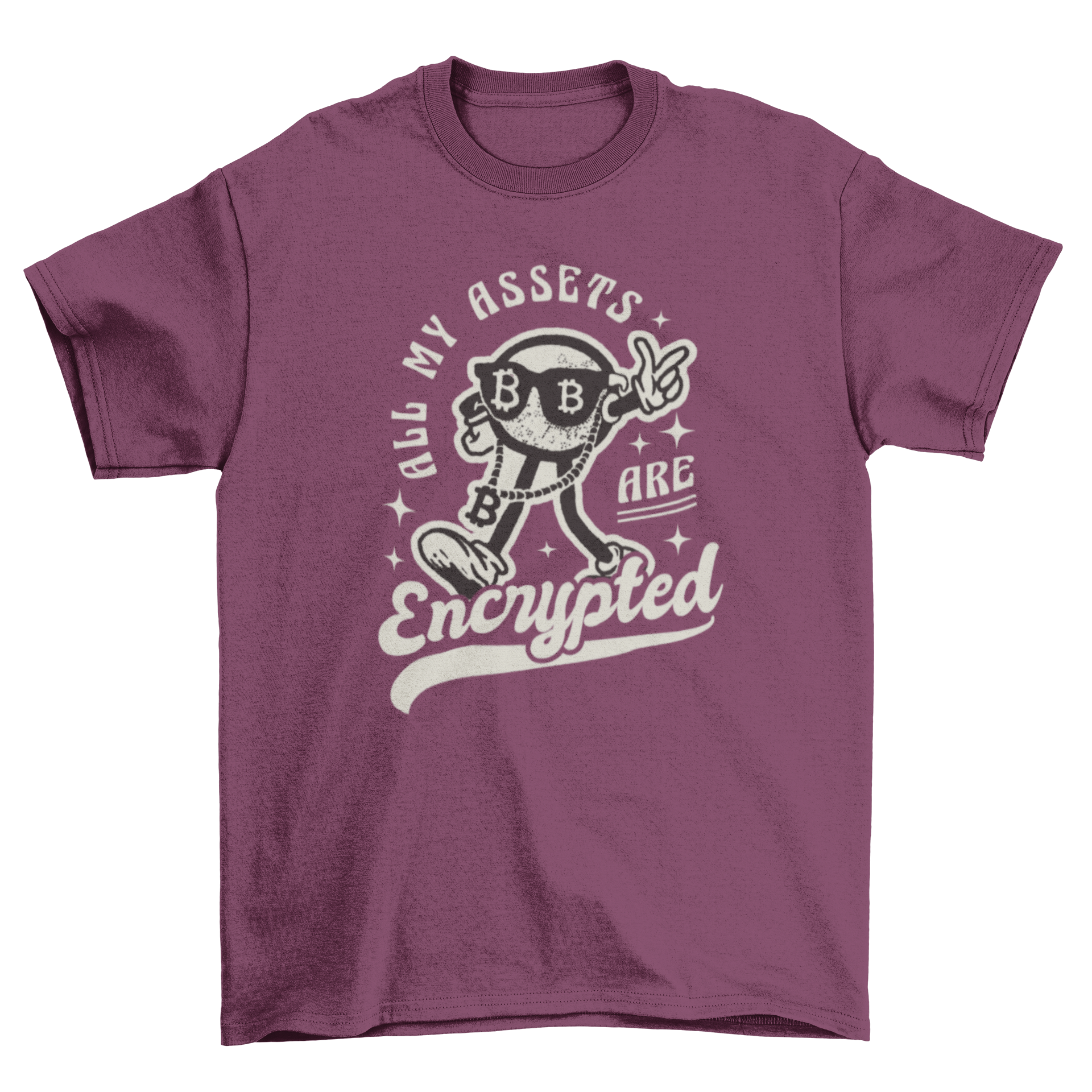 Funny Bitcoin t-shirt featuring a cartoon bitcoin and the quote 'All my assets are encrypted'.