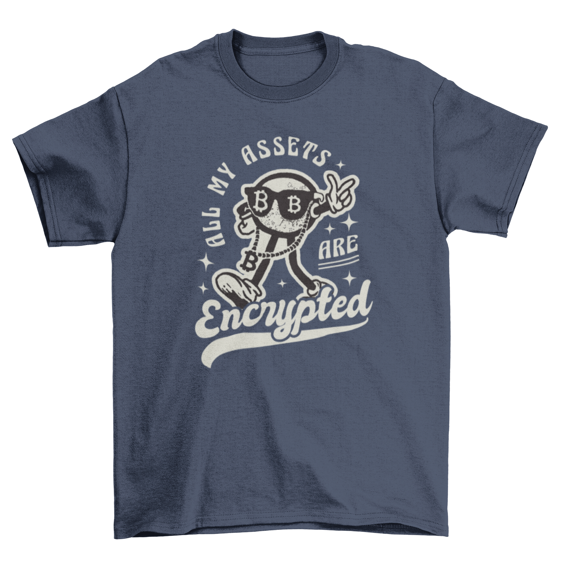 Funny Bitcoin t-shirt featuring a cartoon bitcoin and the quote 'All my assets are encrypted'.