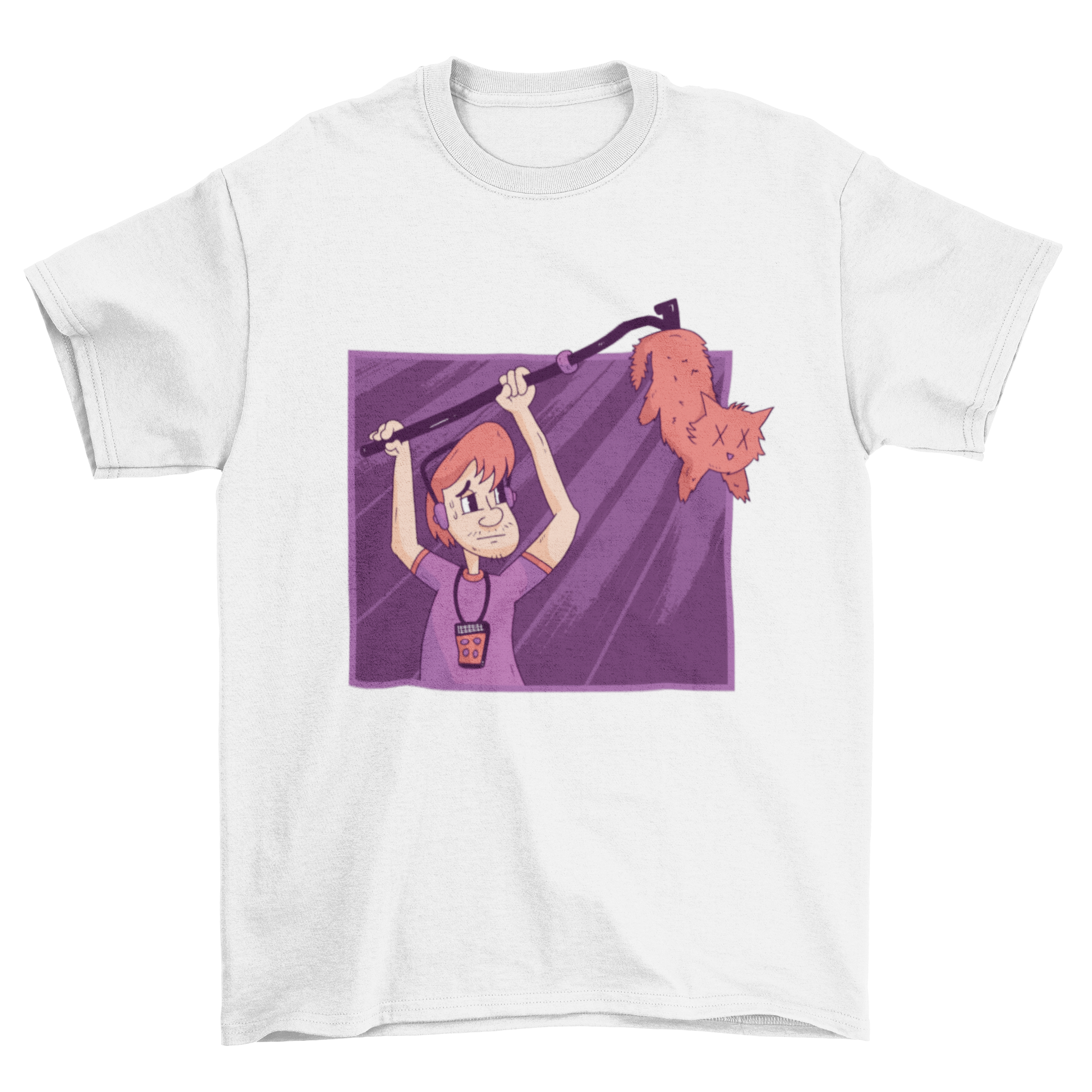 Funny Boom Man Operator T-shirt design featuring a boom operator holding a boom pole with a cat instead of a microphone.