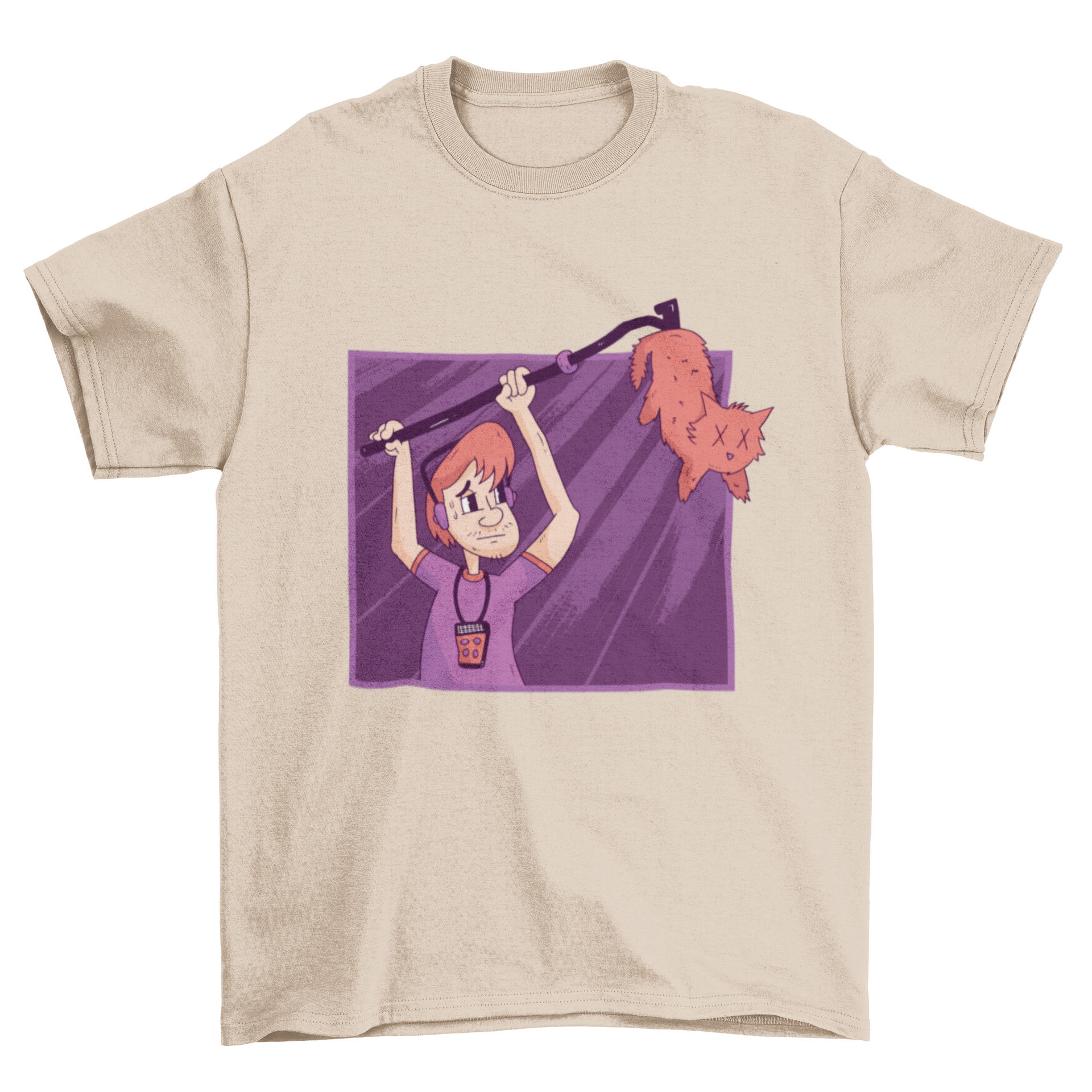 Funny Boom Man Operator T-shirt design featuring a boom operator holding a boom pole with a cat instead of a microphone.
