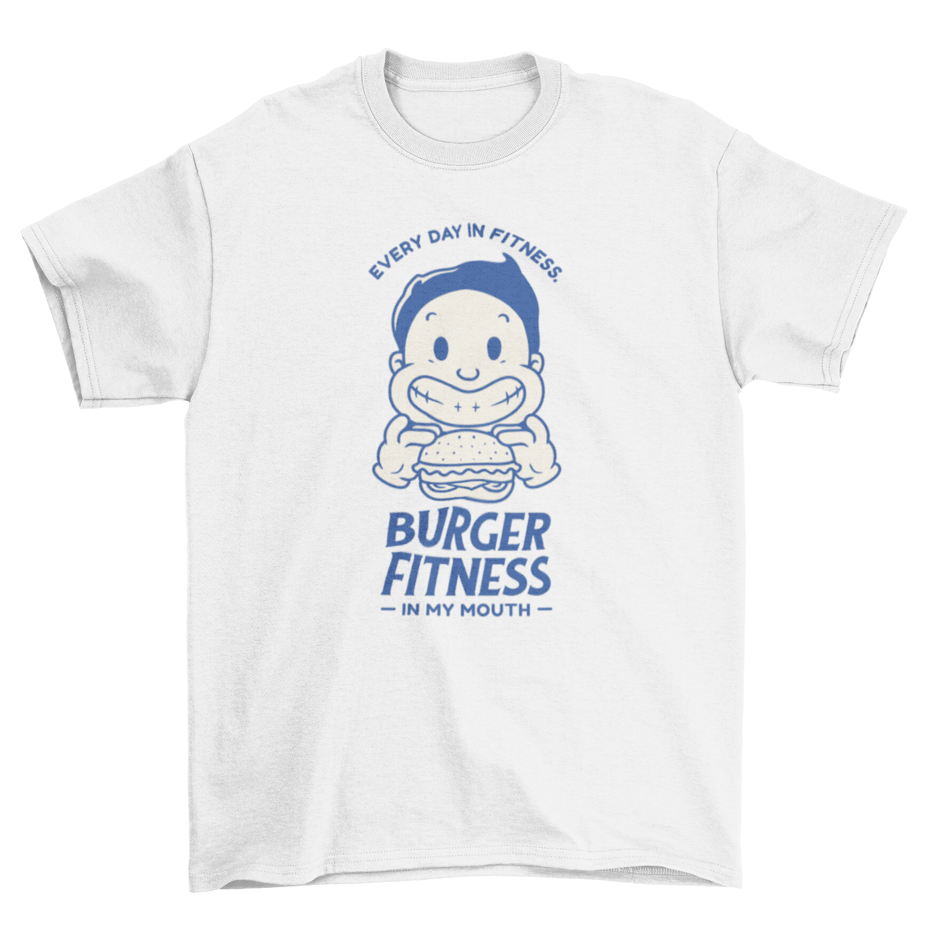 A colorful t-shirt featuring a cartoon character holding a hamburger with a humorous quote about fitness.