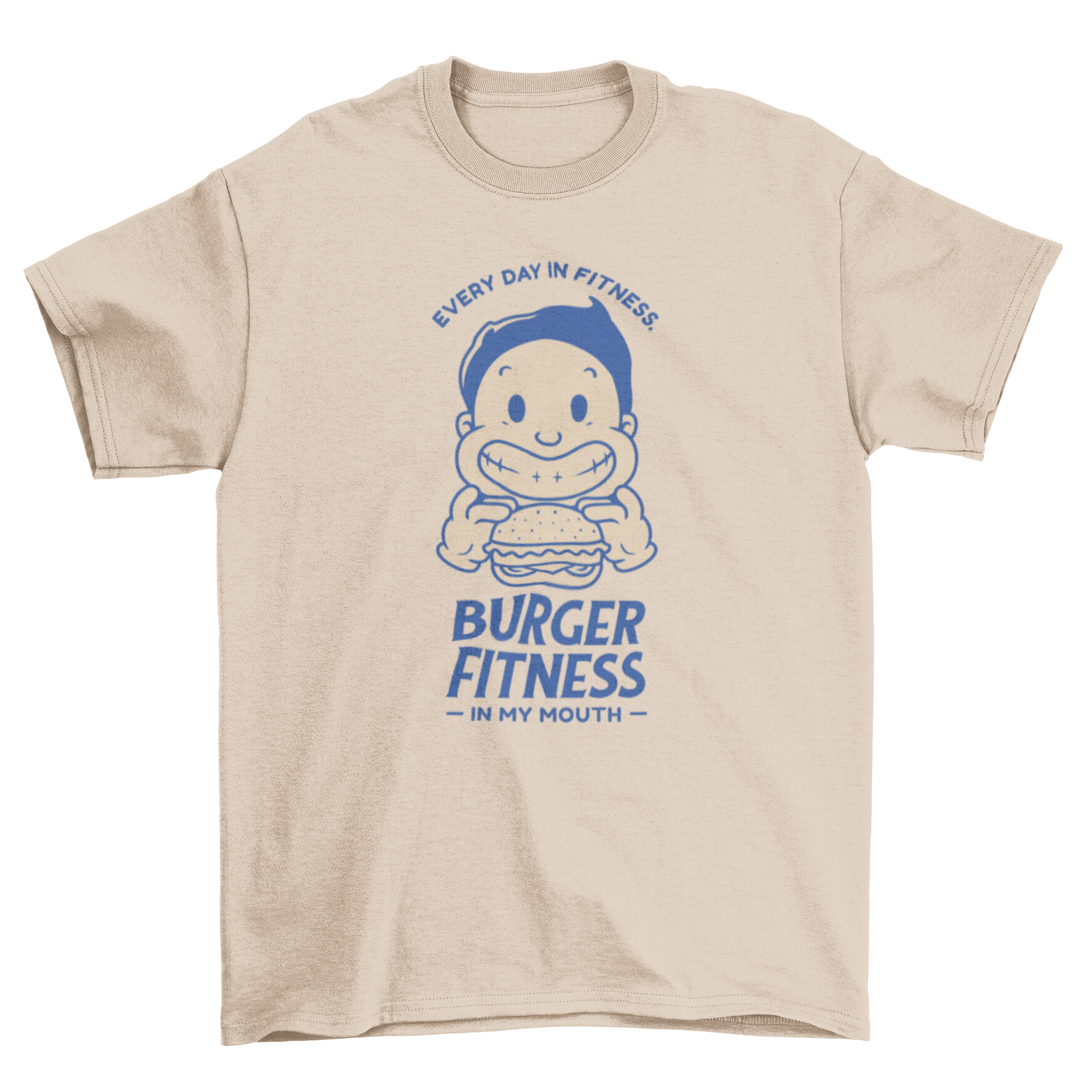 A colorful t-shirt featuring a cartoon character holding a hamburger with a humorous quote about fitness.