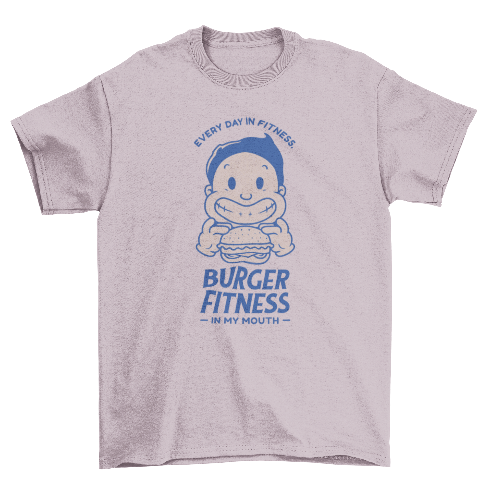 A colorful t-shirt featuring a cartoon character holding a hamburger with a humorous quote about fitness.