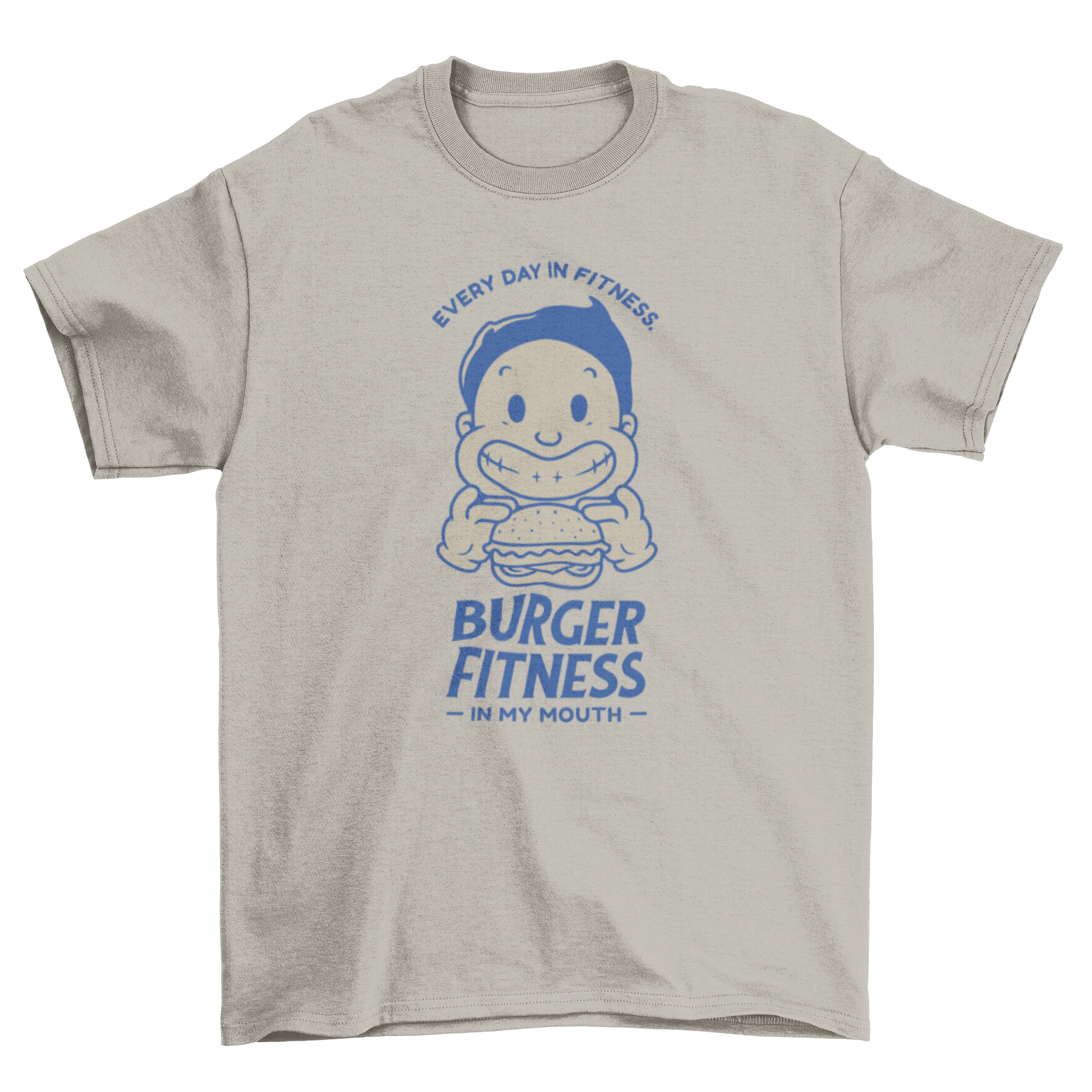 A colorful t-shirt featuring a cartoon character holding a hamburger with a humorous quote about fitness.