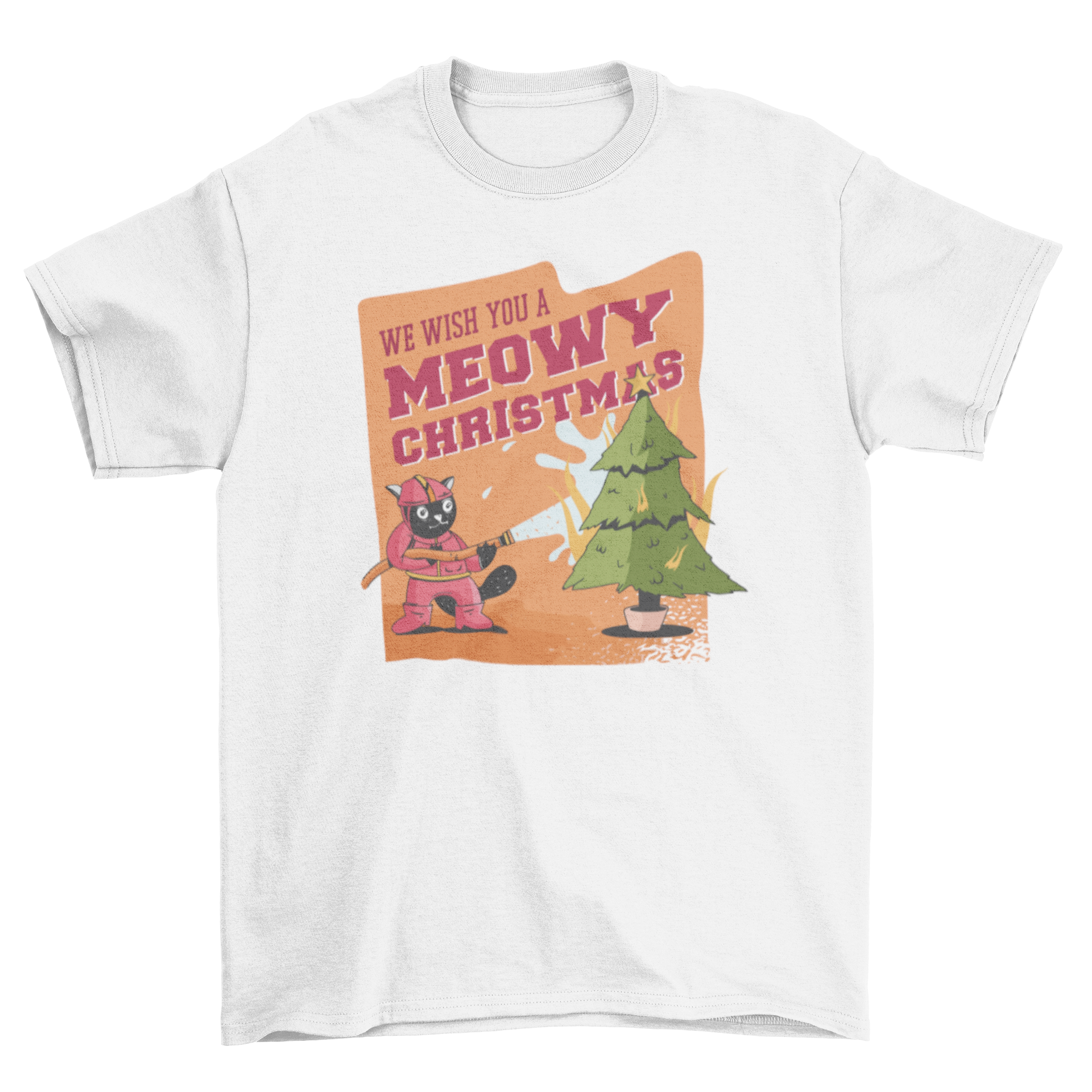 Funny Cat Christmas T-shirt featuring a cat spraying a Christmas tree with a fire hose and the quote WE WISH YOU A MEOWY CHRISTMAS.