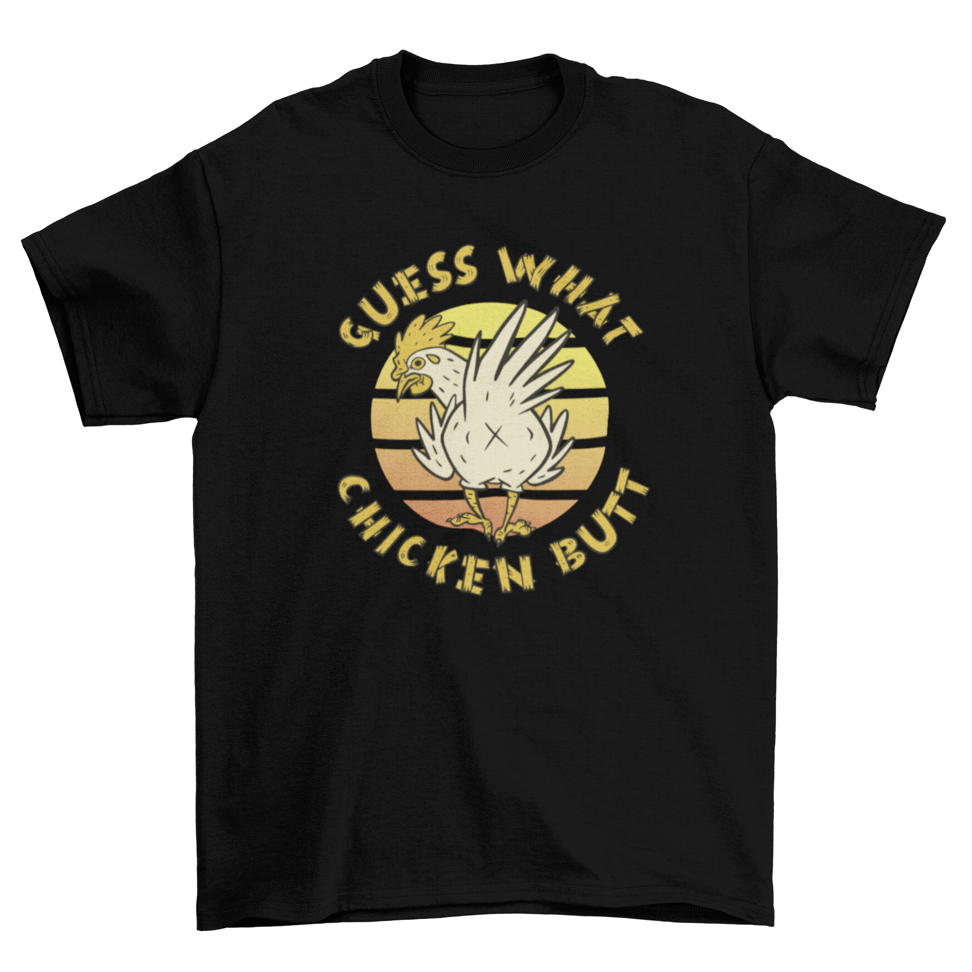 Funny chicken retro sunset t-shirt featuring a whimsical chicken graphic and vibrant sunset background.