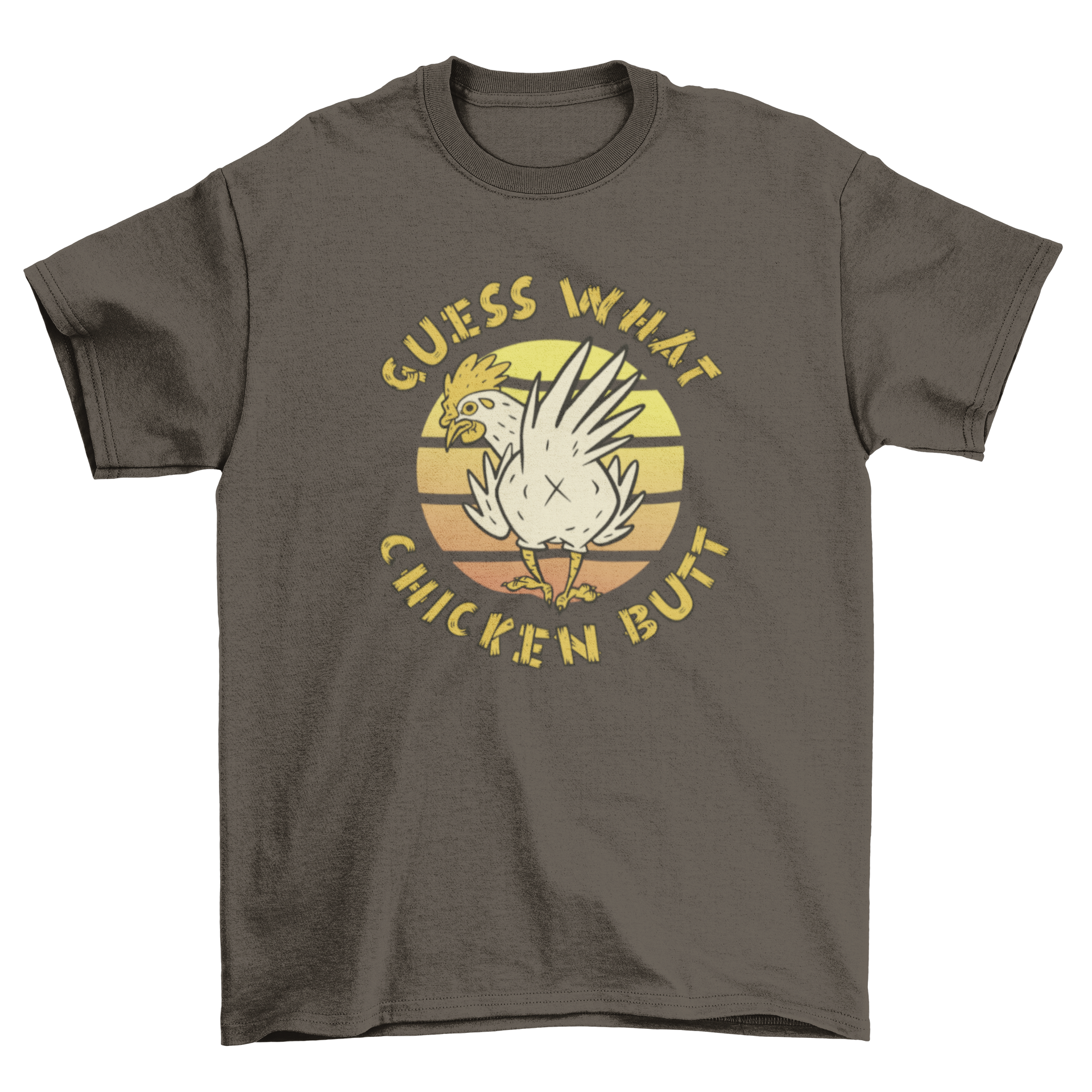 Funny chicken retro sunset t-shirt featuring a whimsical chicken graphic and vibrant sunset background.