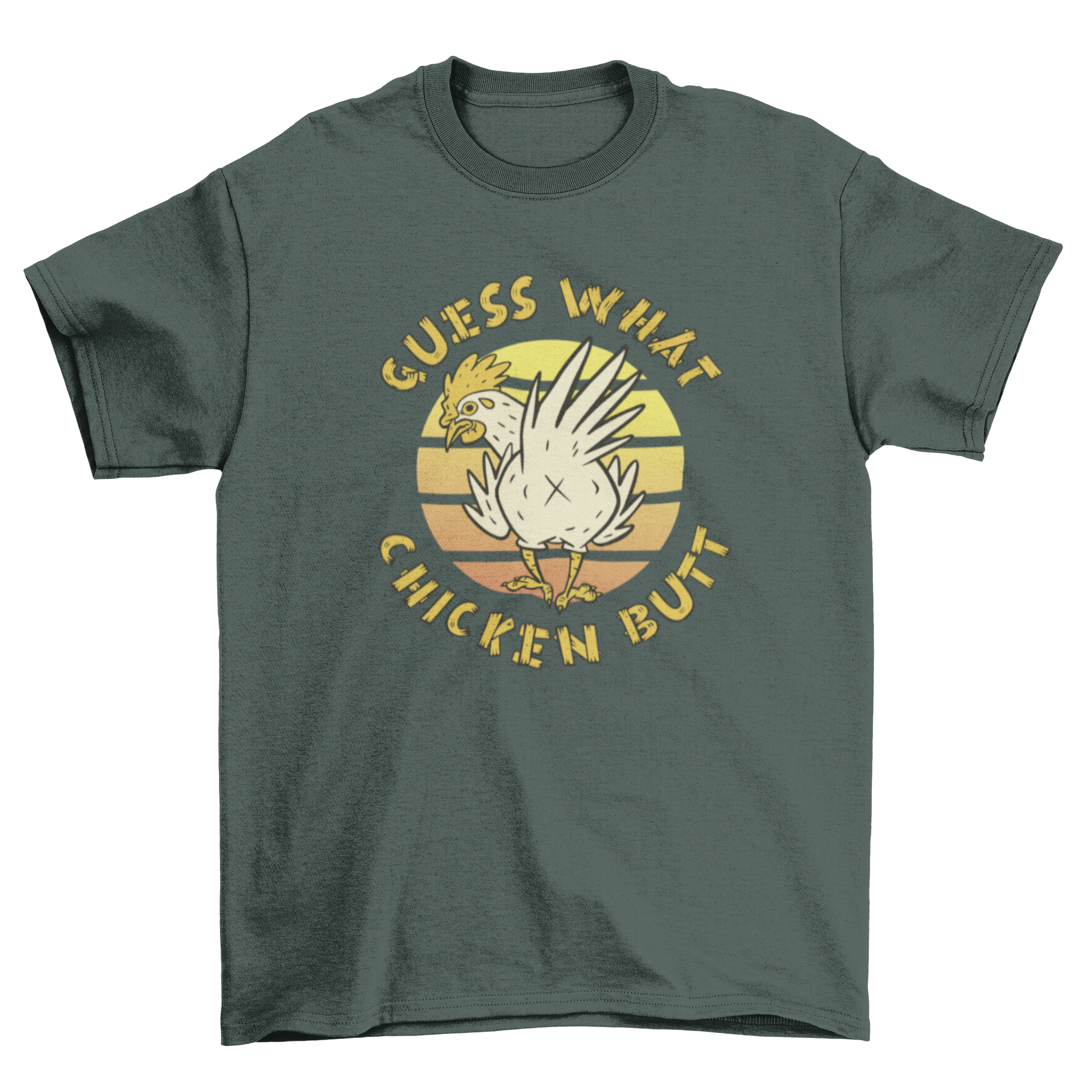 Funny chicken retro sunset t-shirt featuring a whimsical chicken graphic and vibrant sunset background.