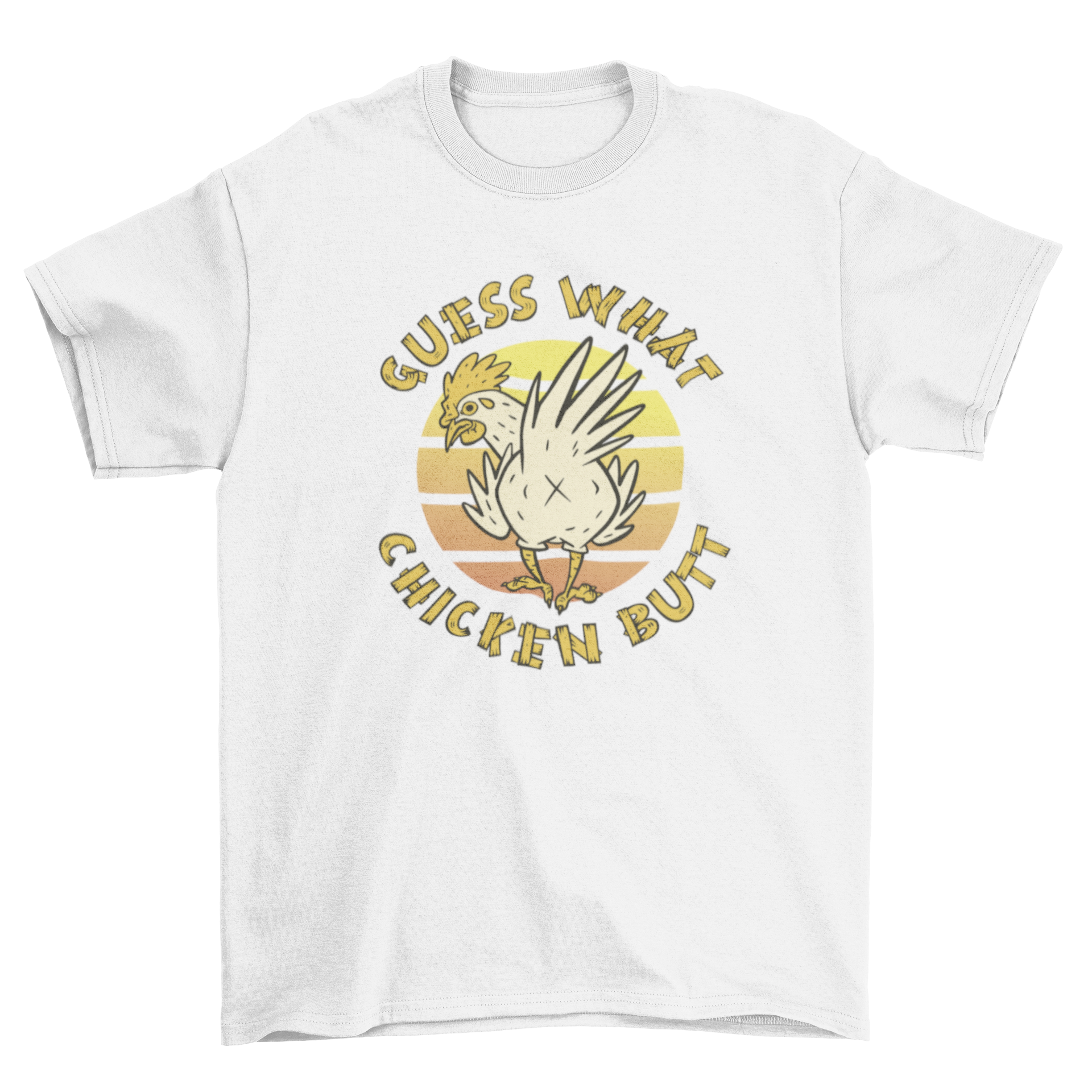 Funny chicken retro sunset t-shirt featuring a whimsical chicken graphic and vibrant sunset background.