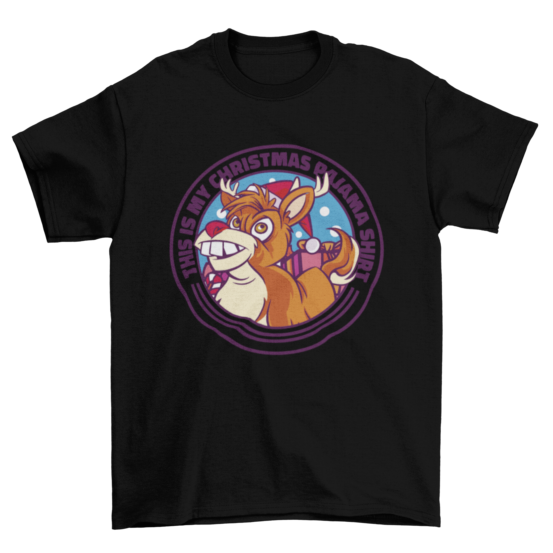 Funny Christmas pajama t-shirt featuring a reindeer and humorous quote.