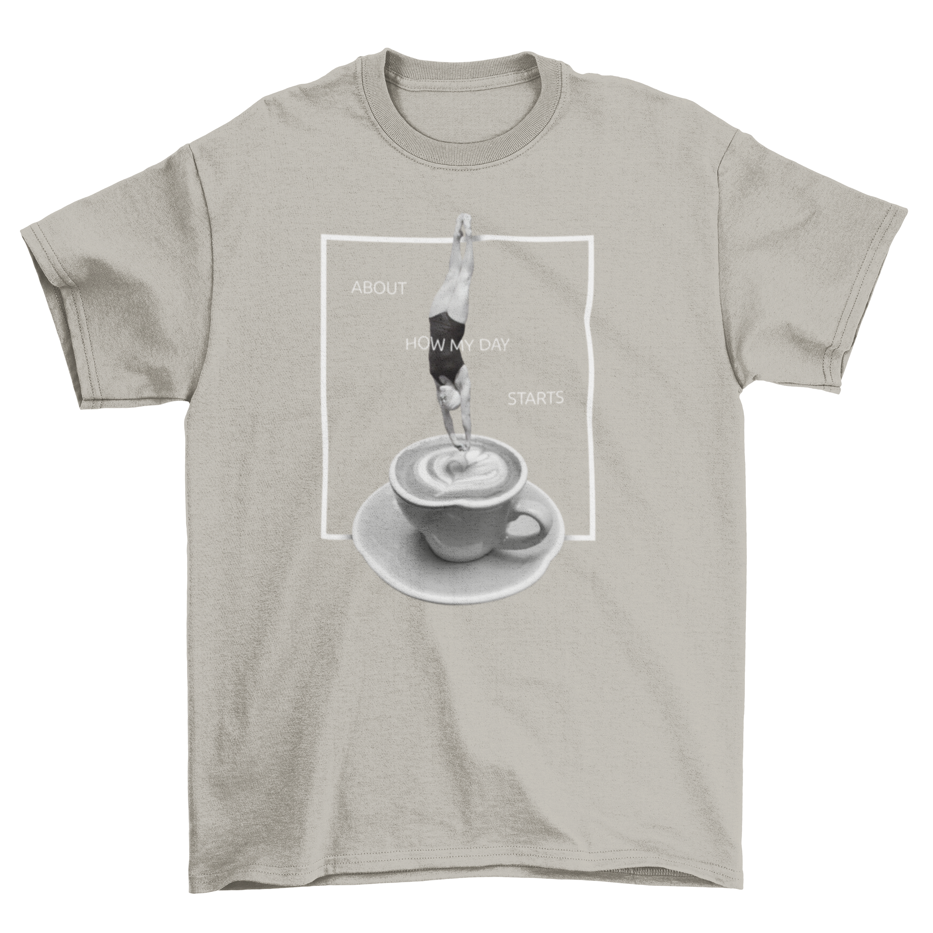 Funny coffee t-shirt featuring a swimmer diving into a cup of coffee with a humorous quote.