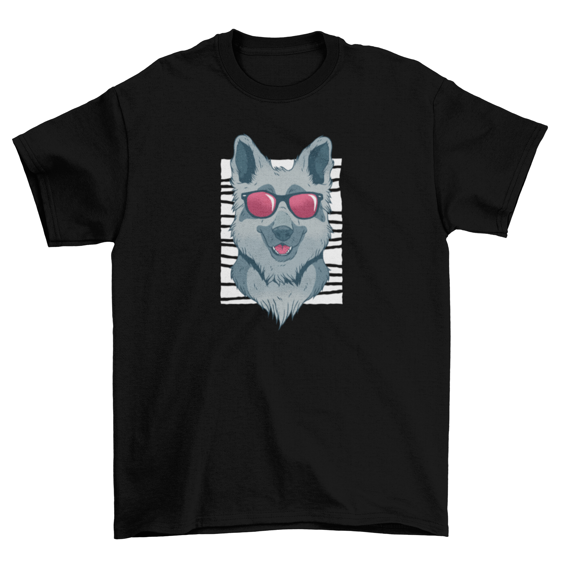A cute German Shepherd dog wearing dark sunglasses, showcasing a fun and stylish design.