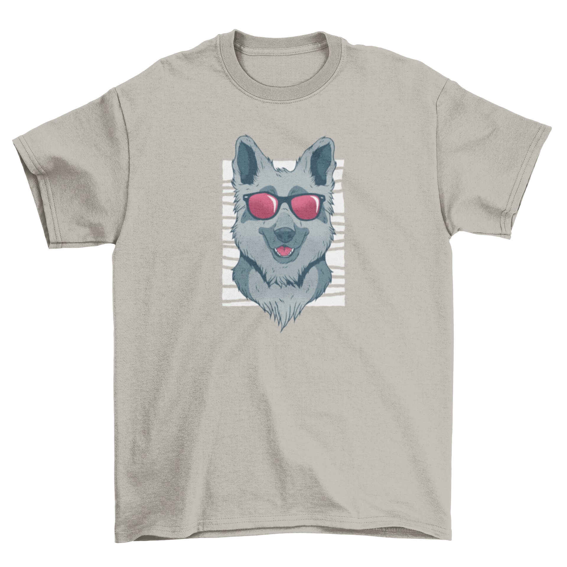 A cute German Shepherd dog wearing dark sunglasses, showcasing a fun and stylish design.