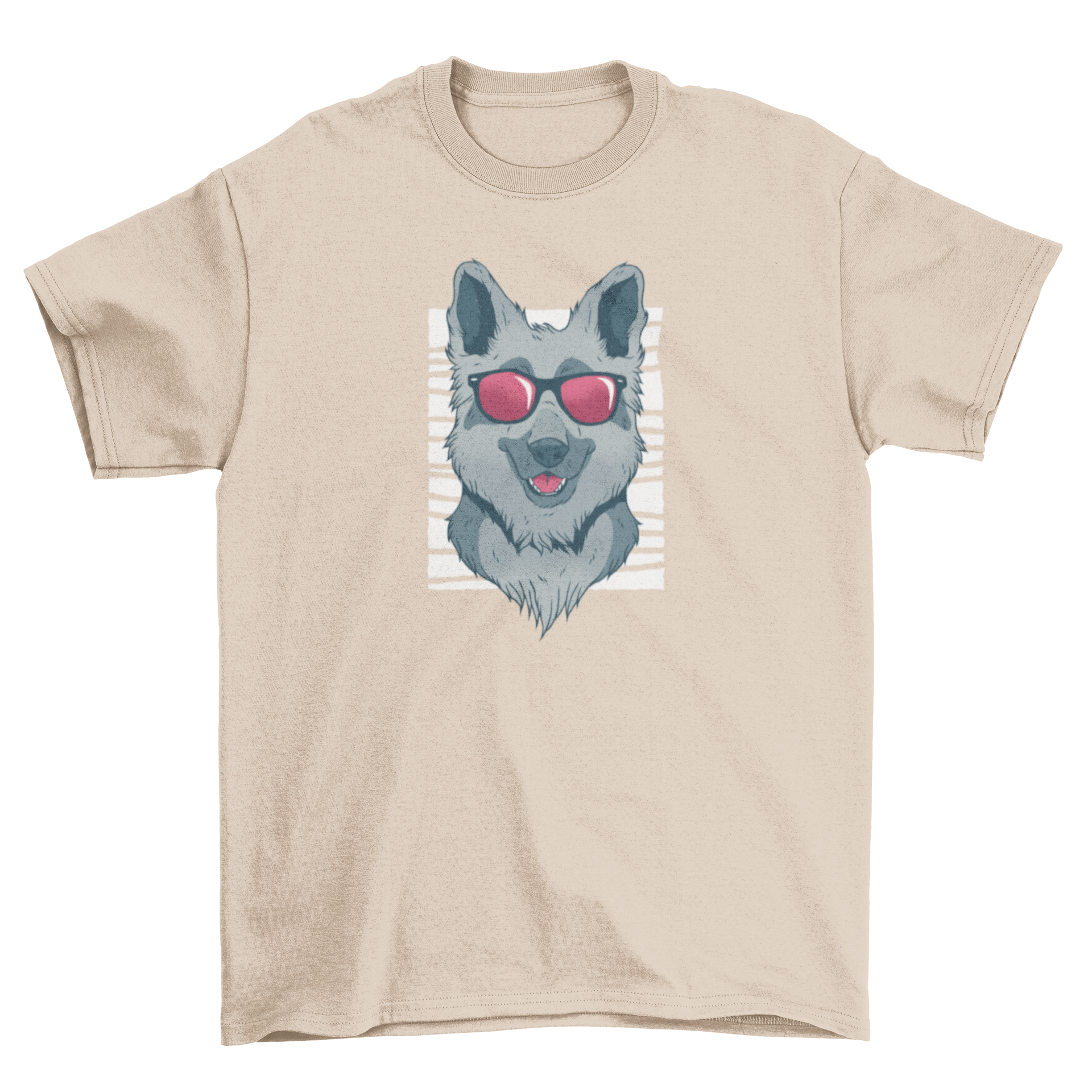 A cute German Shepherd dog wearing dark sunglasses, showcasing a fun and stylish design.
